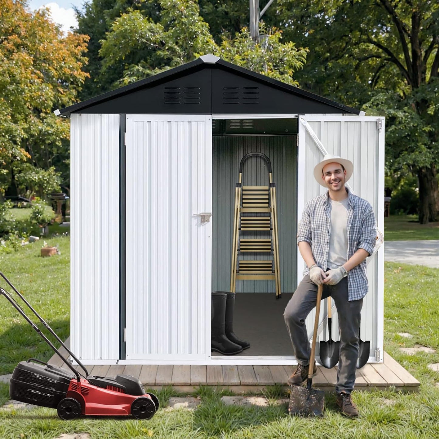 6' x 4' Outdoor Storage Shed, Sturdy Metal Building w/Lockable Doors for Garden, Backyard, Poolside and Lawn, Black+White