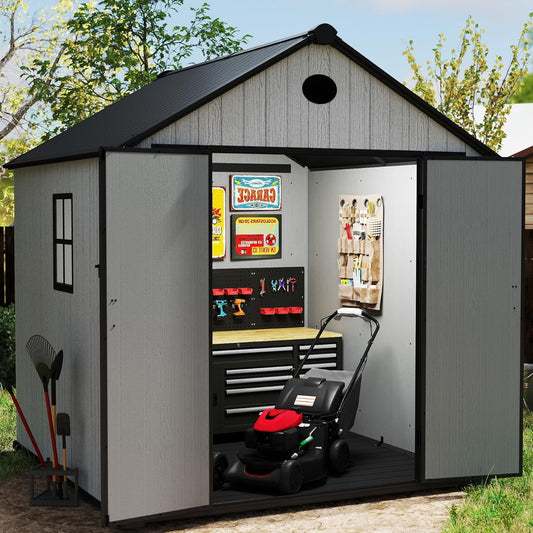 7.3 x 7.3 FT Shed Resin Outdoor Storage with Floor, 436 cuft Plastic Shed with Window and Lockable Door for Garden,with Wood Texture, Grey