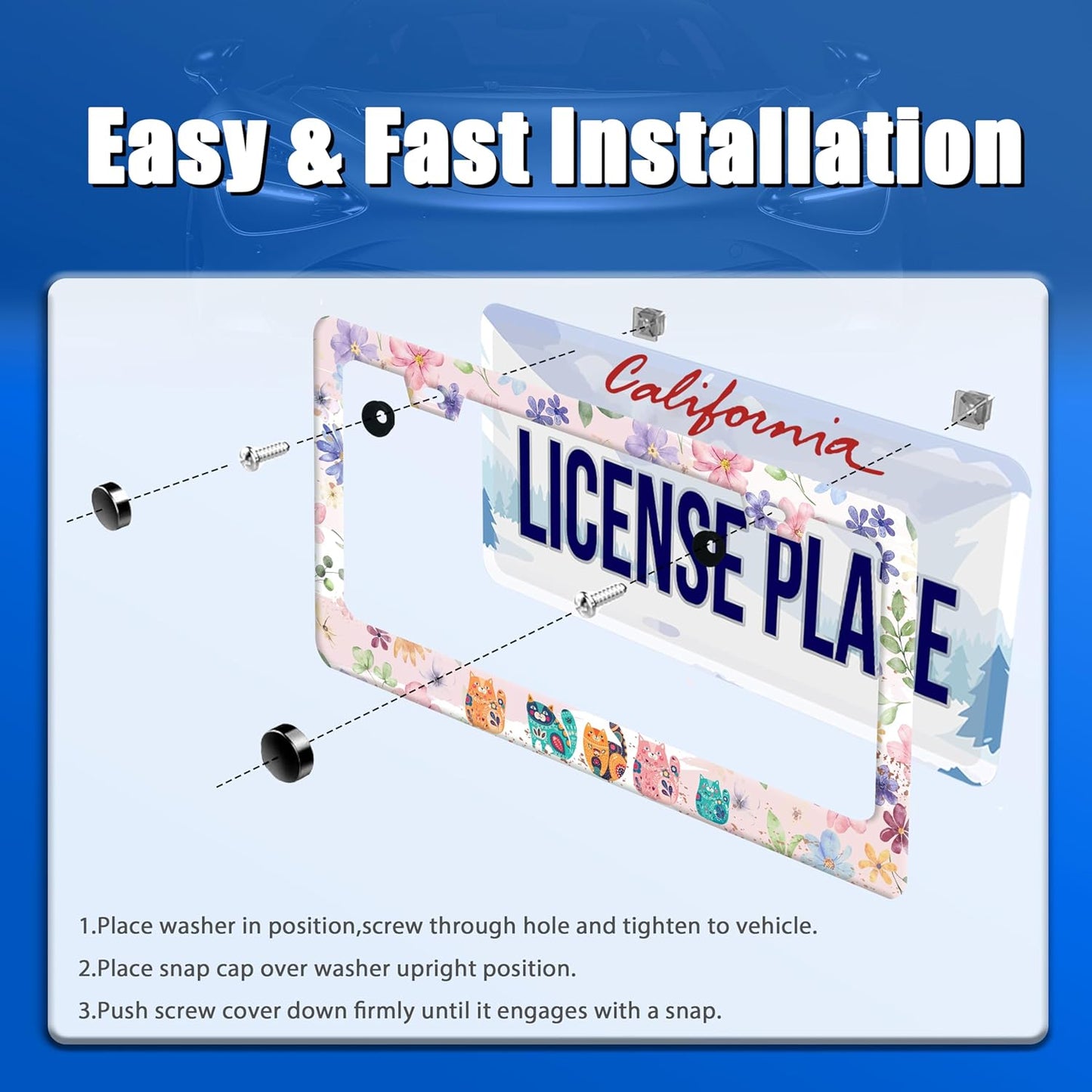 Cat and Flowers License Plate Frame Beautiful Floral Animals License Plate Stainless Steel Funny License Plate Holder for Men Women Colorful Cats Car Accessories Decoration 12.3" x 6.3"