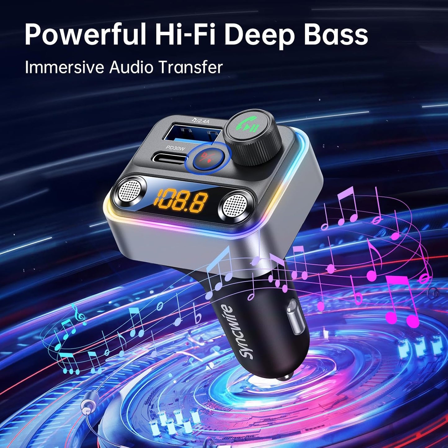 Syncwire Bluetooth 5.4 FM Transmitter Car Adapter 42W [Light Switch] [Stronger Dual-mic] [HiFi Bass Sound] [Fast Charging] Wireless FM Radio Music Adapter Hands-Free Calling Support USB Drive, Silver