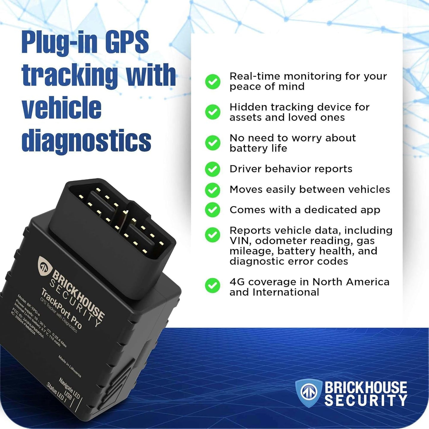 Brickhouse Security TrackPort Pro - Diagnostic GPS Tracker for Vehicles, Car Location, Speed, Battery Health, Mileage, Vehicle Diagnostic Data Report - Plugs into OBD Port - Subscription Required