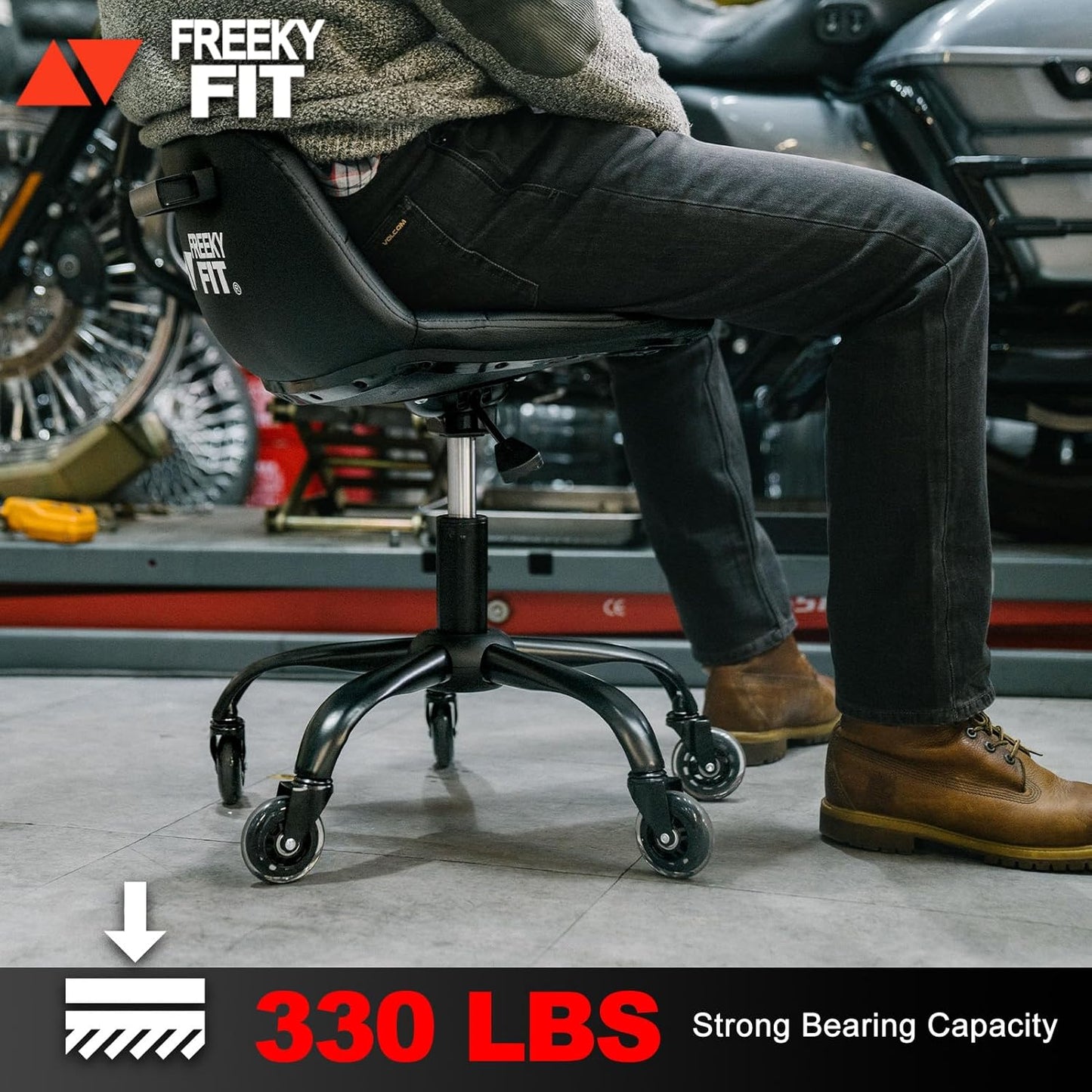 Rolling Stool with Wheels, Garage Shop Stool with Backrest, Roller Seat with Pneumatic Adjustable Height 16.93"-19.69", Heavy Duty Multi-Purpose Chair for Shop Salon Office Home, Red