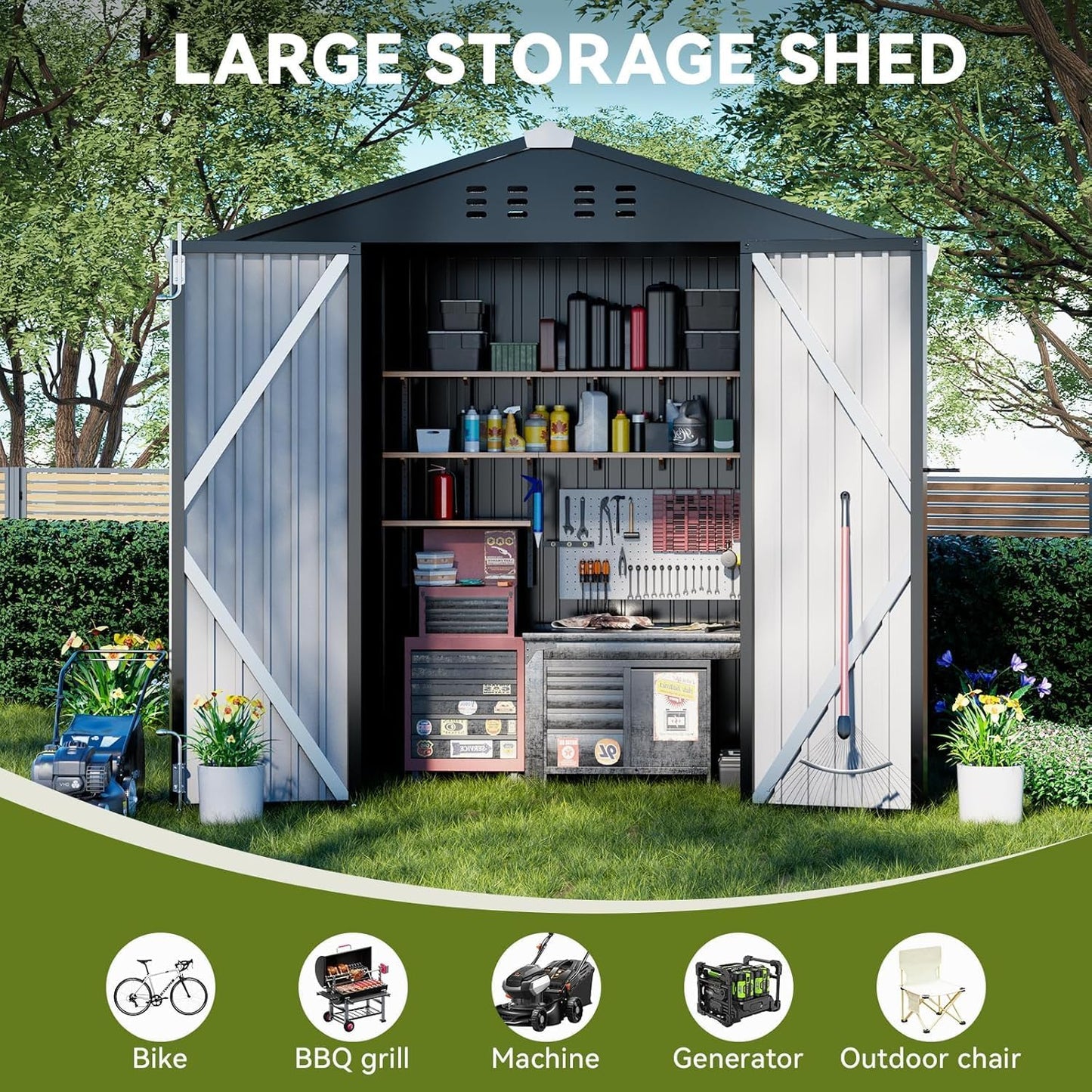COMHOMA Shed Outdoor Storage Shed Metal,Lockable Doors Tool Sheds with Sloping Roof,Steel Garden Shed with Air Vent for Backyard,Patio,Lawn,Poolside (Grey, 6'*4')