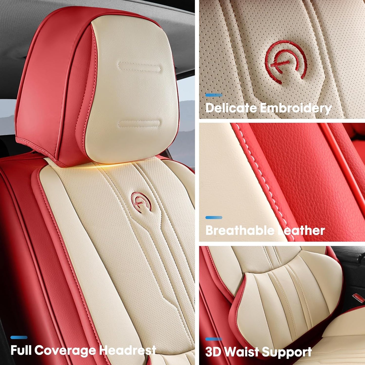 AOOG Front Seat Covers, Car Seat Covers Front Seats, Leather Seat Covers for Cars, Waterproof Seat Covers with Lumbar Support Universal Fit for Most Cars SUV Trucks(Front Pair, Red)
