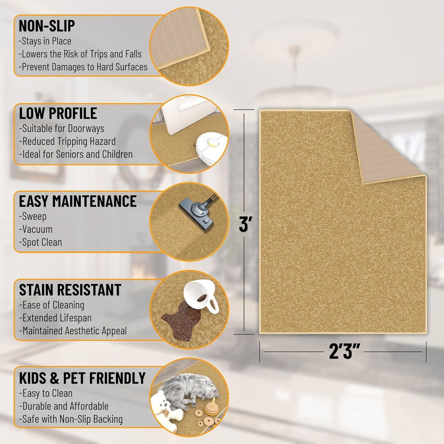 Ottomanson Rugs for Entryway 2'3" x 3' Non Slip Solid Small Area Rugs Durable Front Door Mat Rug Stain Resistant Entrance Rugs for Bathroom Kitchen Bedroom & Living Room, Beige