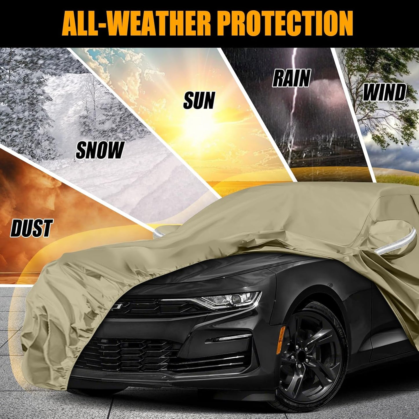 Waterproof Car Covers Replace for 2010-2025 Chevy Camaro, Multilayer Heavy Duty with Cotton Liner All Weather Custom-fit Car Cover with Zipper Door, Windproof Bands for Snow Rain Dust Protection