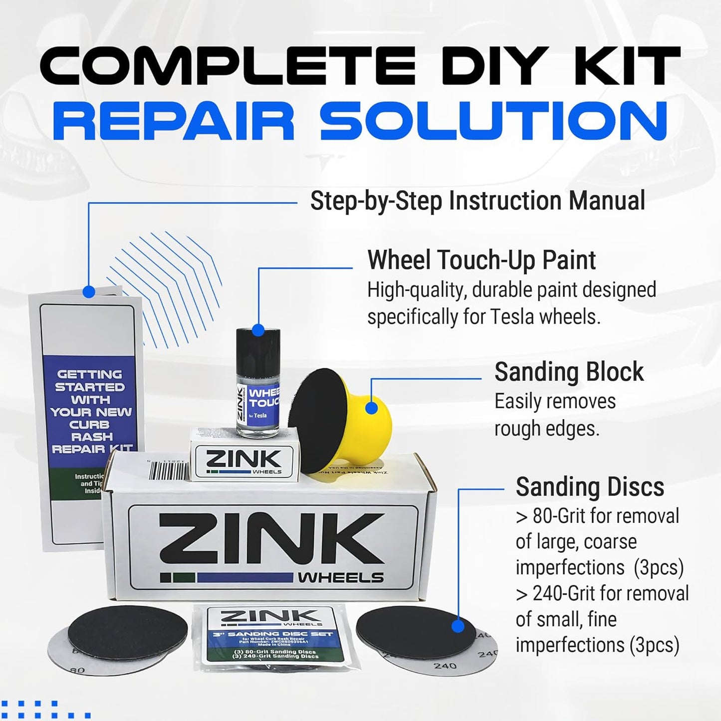 Premium Tesla Wheel Curb Rash Repair Kit for Model S 19-inch Silver Slipstream Rims - DIY Kit with Color-matched Touch Up Paint - Made in USA