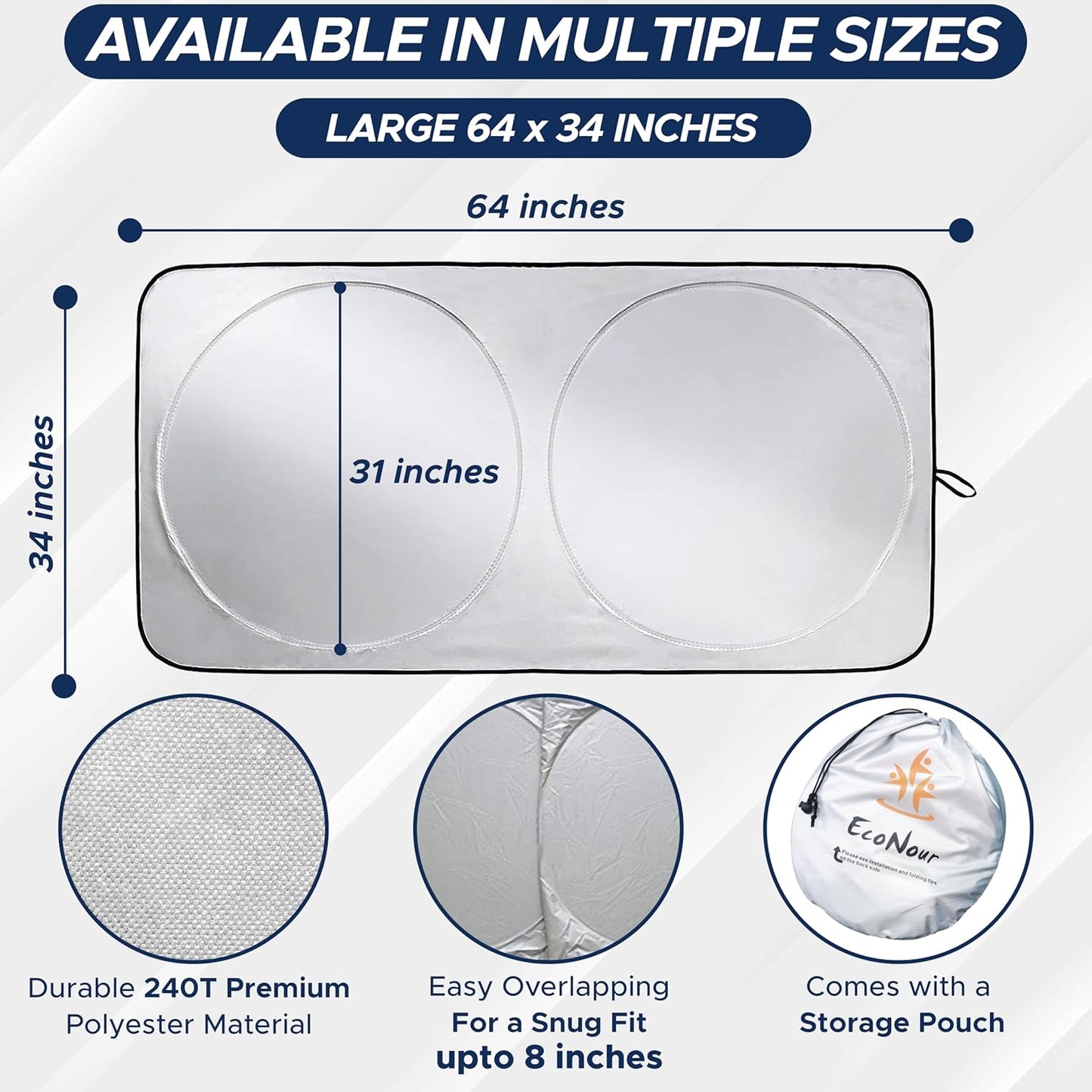 EcoNour Car Front Windshield Sun Shade for Car | SUV Accessories for Maximum Sun and Heat Protection | UV-Blocking Windshield Dash Cover & Sun Visor for Cooler Interior | Large (64 x 34 Inches)