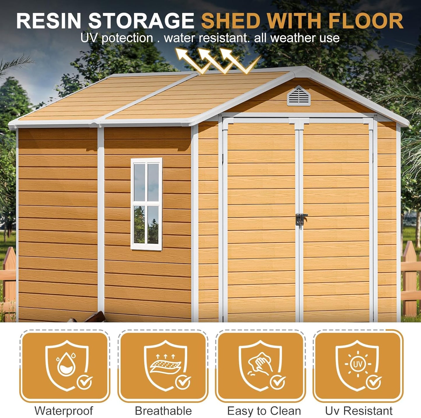 Plastic Sheds 8x6 Resin Outdoor Storage with Floor Included, Waterproof Lockable Garden Shed Tool Cabinet Brown