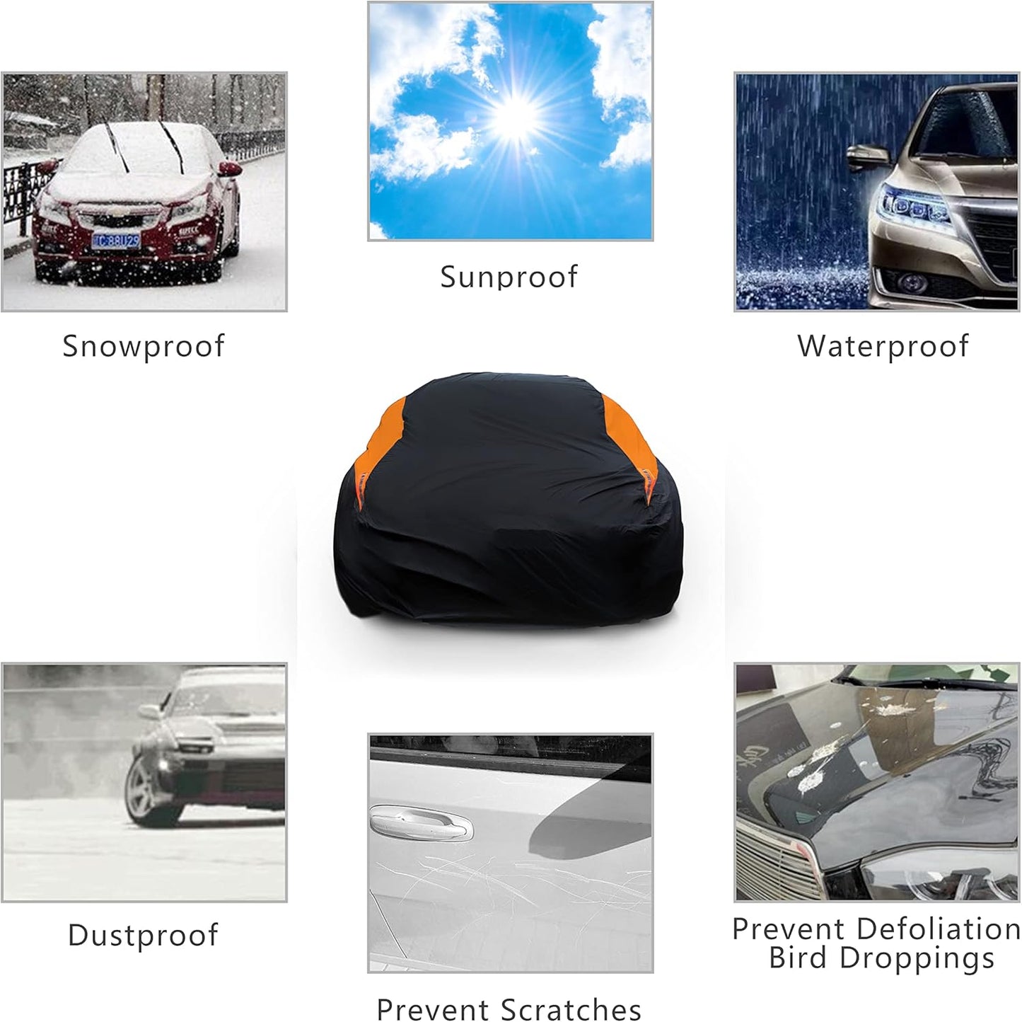 MORNYRAY Waterproof Car Cover All Weather Snowproof UV Protection Windproof Outdoor Full car Cover, Universal Fit for Sedan (Orange, A2-Fit Sedan Length(Up to 177 inch)