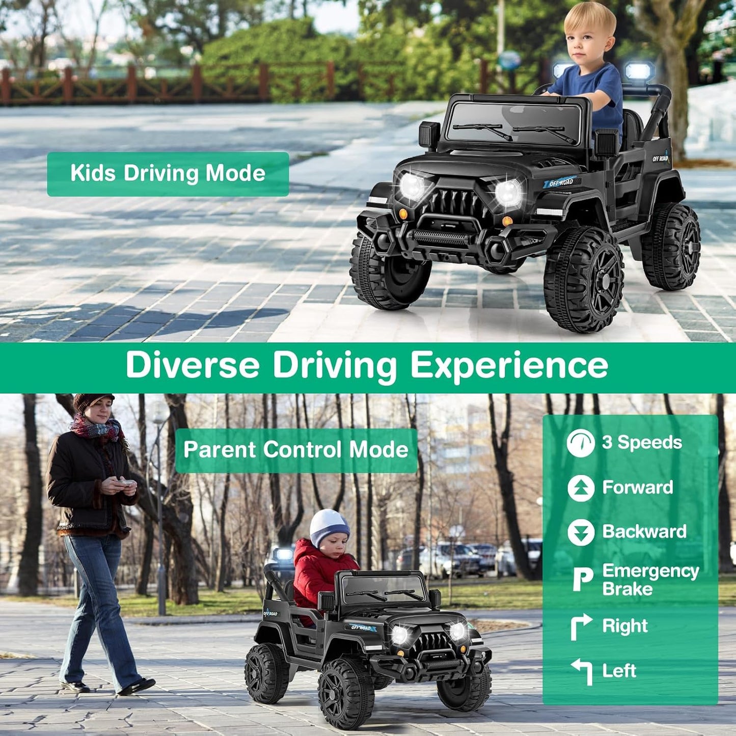Costzon 12V Kids Ride on Truck Car, Electric Vehicle w/Remote Control, Threaded Wheels, 3 Speeds, LED Lights, Music, Horn & Wireless Connection, Battery Powered Ride on Toy for Boys & Girls 3+ (Black)