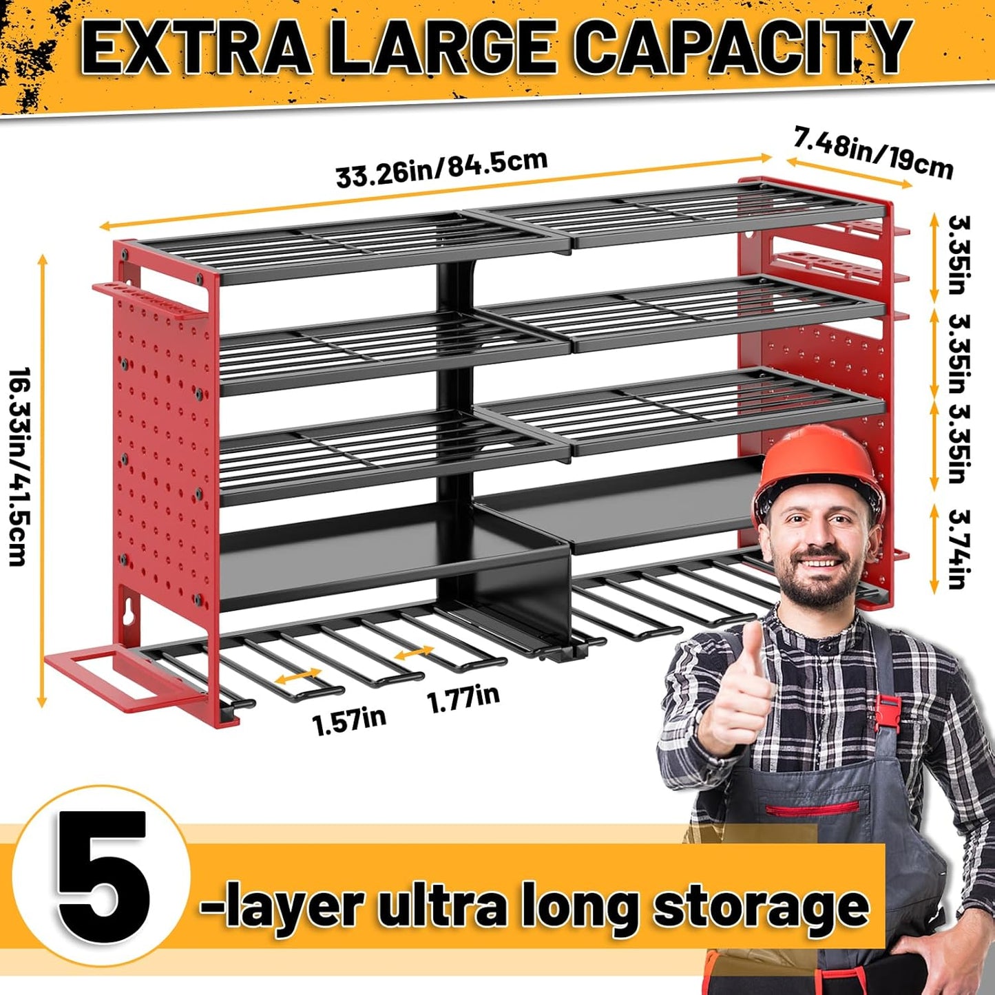 5 Layers Power Tool Organizer Wall Mount, Cordless Tool Storage Rack Holder with 8 Drill Holders, Heavy Duty Garage Wall Tool Shelf for Workshop Tool Room Men Husband Father Gift (Black-Red)