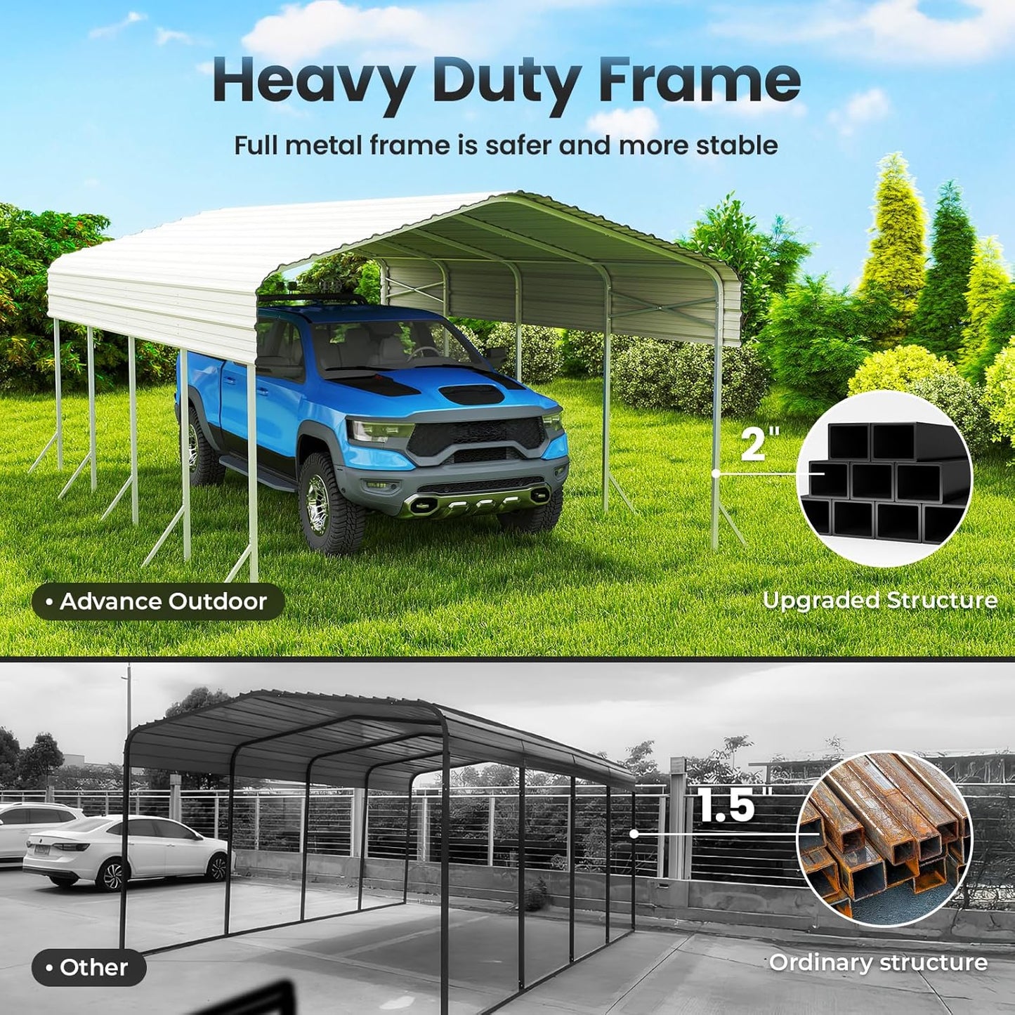 12x20ft Heavy Duty Metal Carport – Outdoor Galvanized Garage, Sturdy Structure, All-Weather Protection, Easy Assembly for Cars, Trucks, Boats, Tractors, and Outdoor Storage (White, 12x20FT)