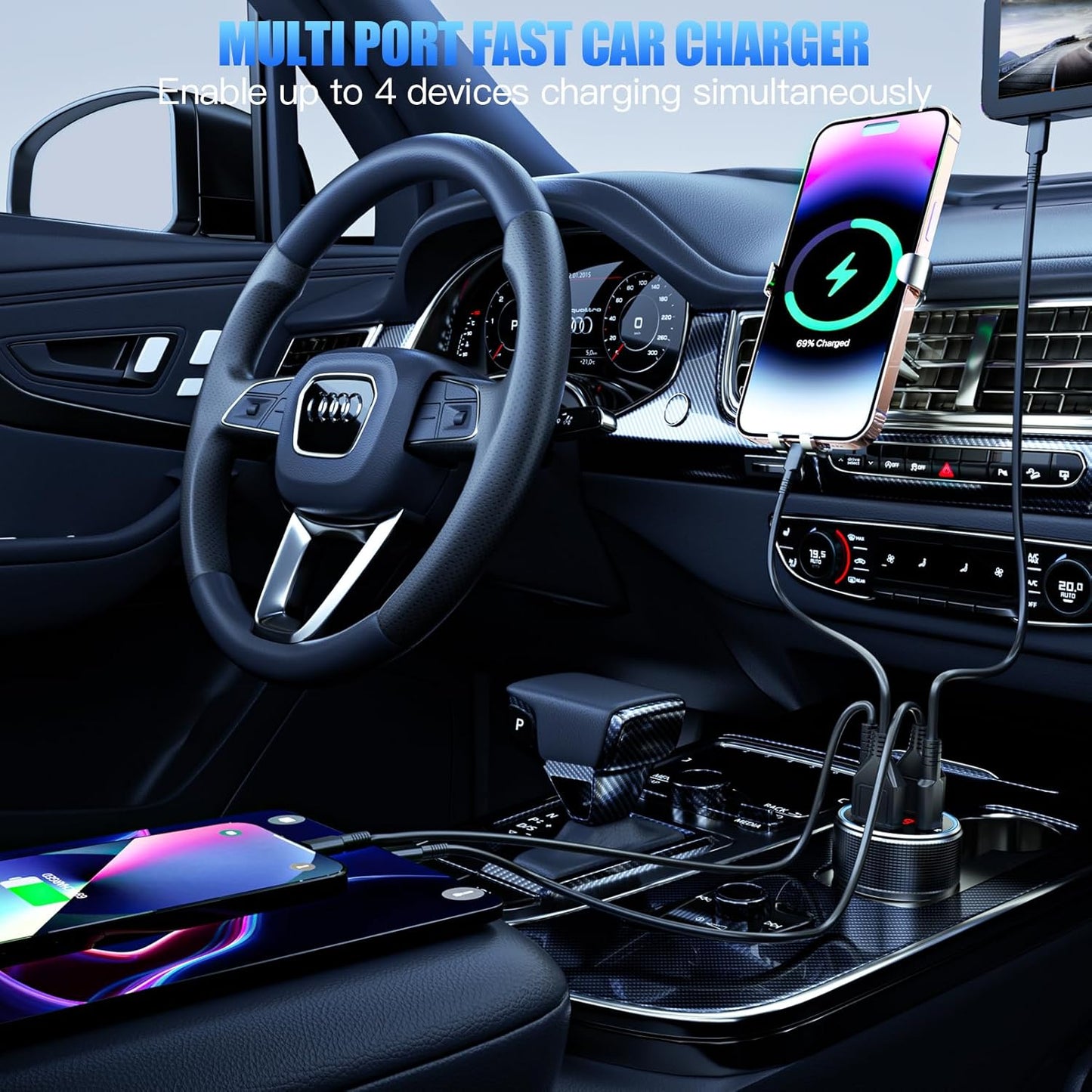 Car Charger USB C, 78W 4 Port Fast Charging Car Phone Charger Adapter, Dual USB-C & USB-A Cigarette Lighter Adapter with Voltmeter Type C Vehicle Accessories for iPhone 16 15, iPad, Samsung, Android