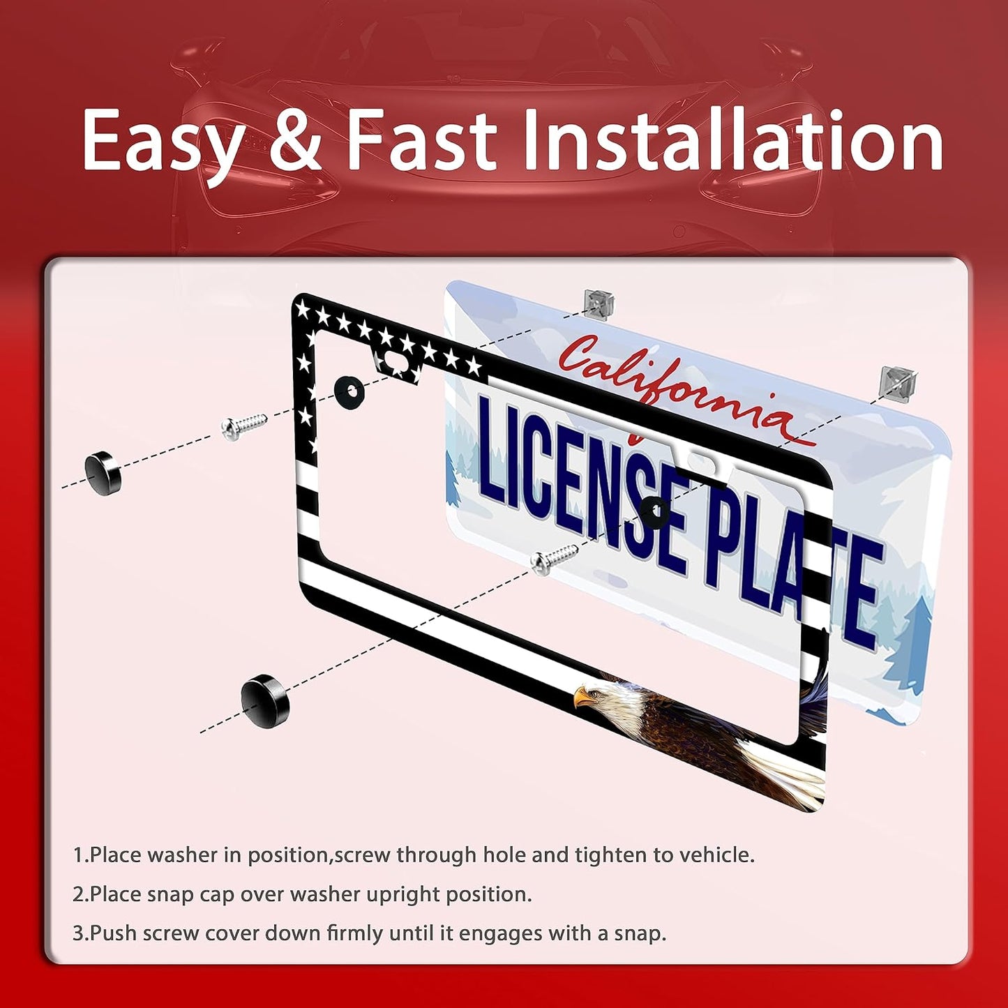 American Flag and Eagle License Plate USA Flag License Plate Stainless Steel Parts Funny License Plate Decorative with Screws Size 12.3" x 6.3" for Women Men