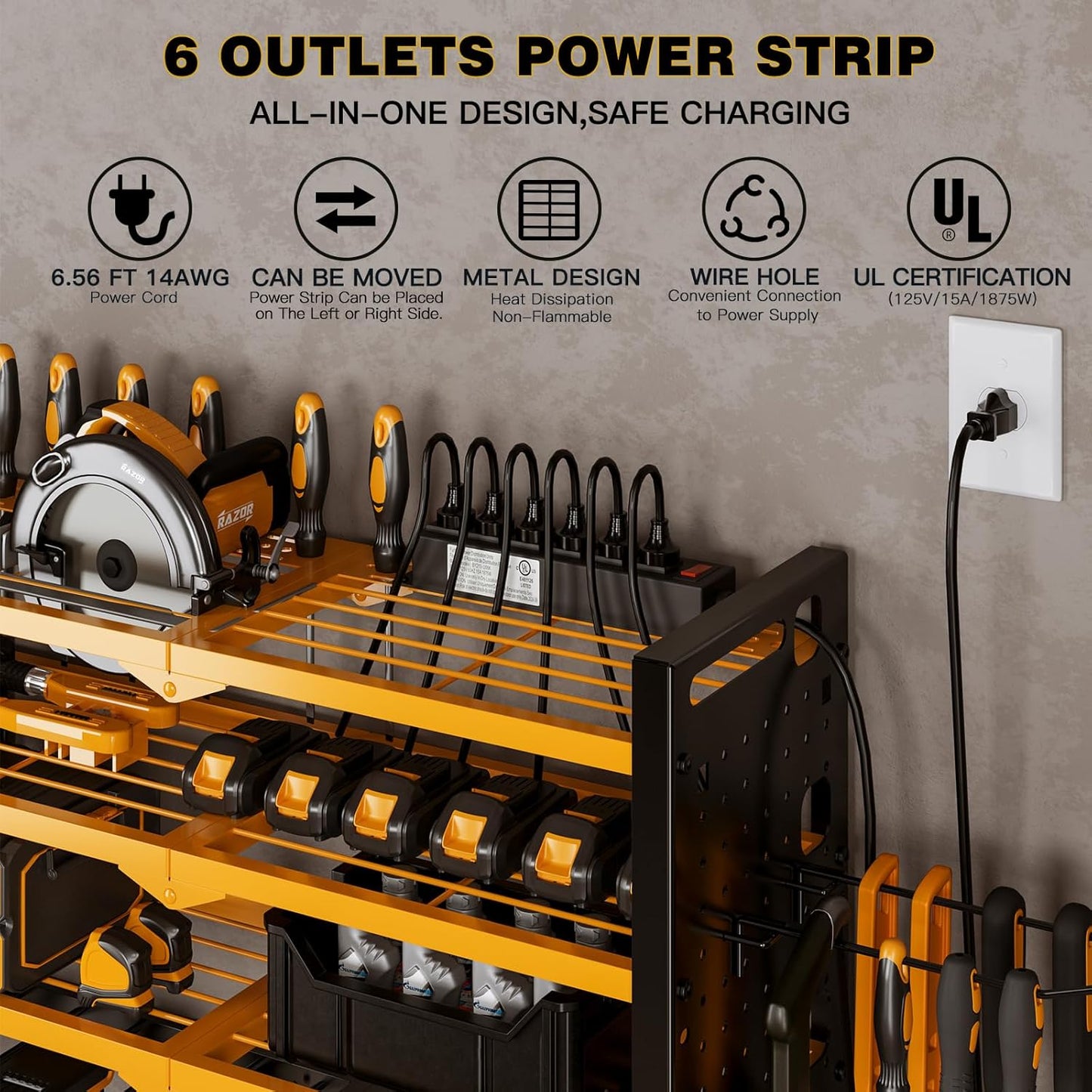 Power Tool Organizer Wall Mount with Charging Station 4 Layer 6 Slot Cordless Drill Holder with Angle Grinder Holder (Yellow)