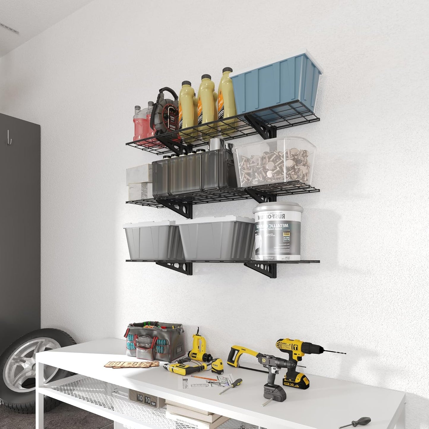 FLEXIMOUNTS 3 Tier 1x4ft Garage Storage Wall Shelving, 12x48inch per Shelf Height Adjustable Floating Shelves, 450lbs Total Weight Capacity, Black