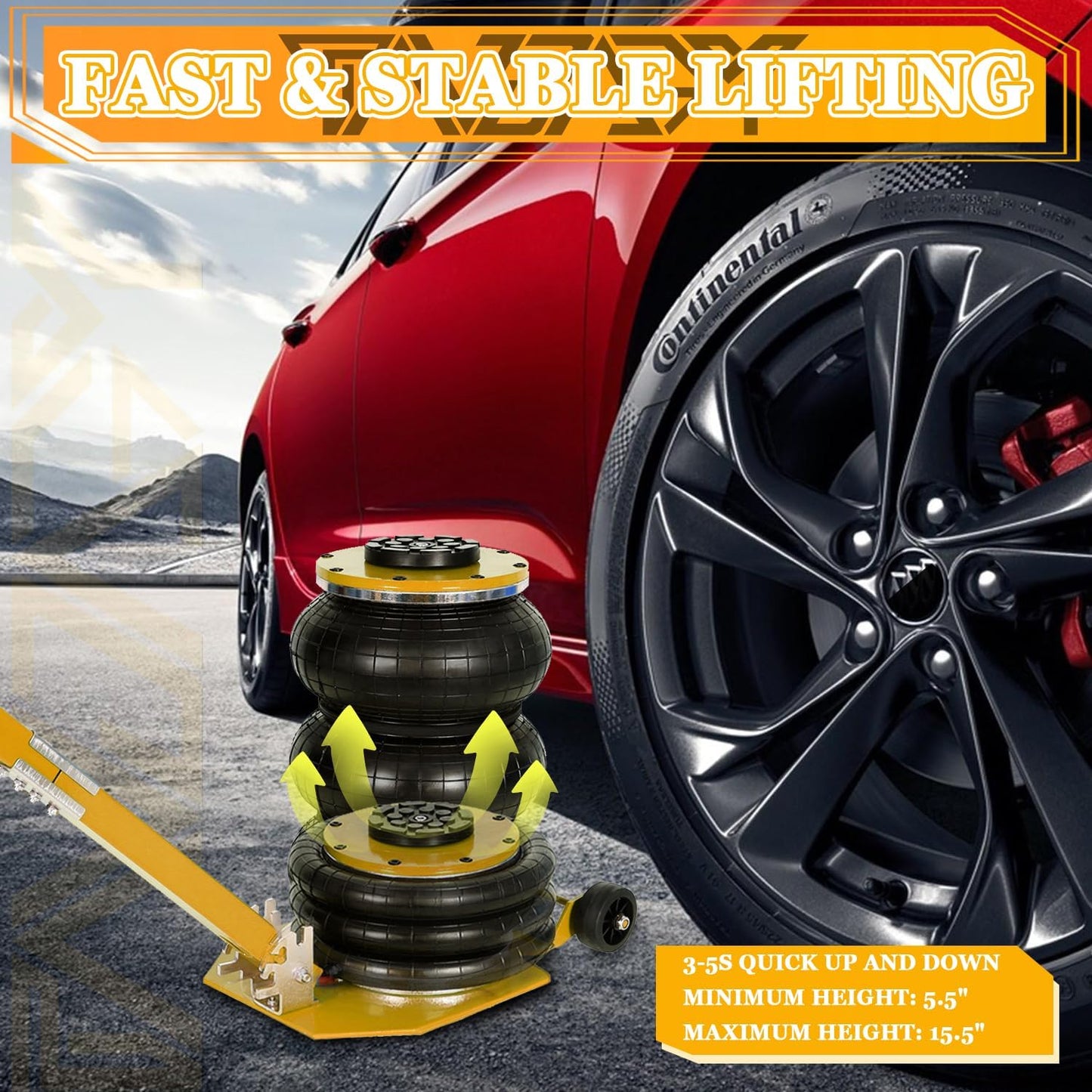 3T Triple Bag Air Jack 6600lbs Pneumatic Jack 3s Fast Lift Up 16in Airbag Jack with Adjustable Long Handle Heavy Duty Triple Air Bag Jack Lift for Cars Garage (Yellow)