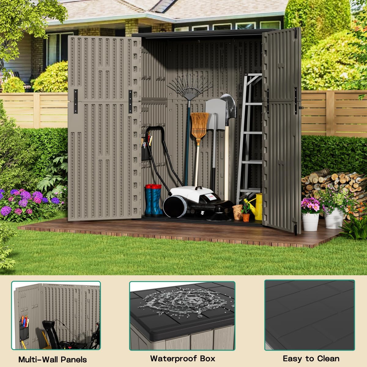 KINYING Outdoor Vertical Storage Shed,57 Cu.ft Outdoor Storage Cabinet Waterproof,Resin Sheds & Outdoor Storage Clearance for Garden,Patio,Backyard,Lockable (Brown)