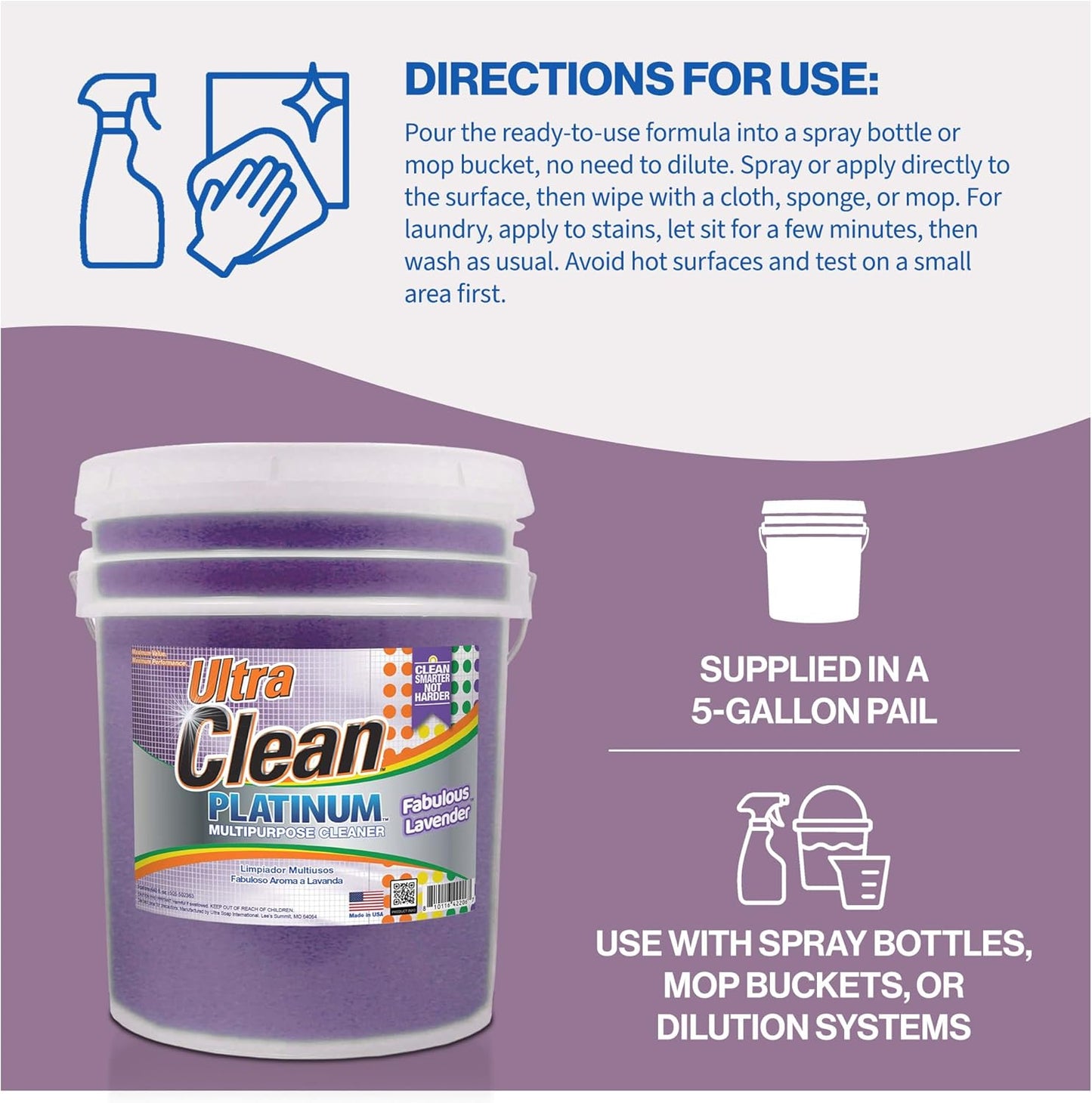 Ultra Clean Platinum Multipurpose Cleaner, Non-Abrasive and Bleach-Free, for Kitchen Counters, Bathroom Floors and Garage Spaces, Lavender, 5 Gallons