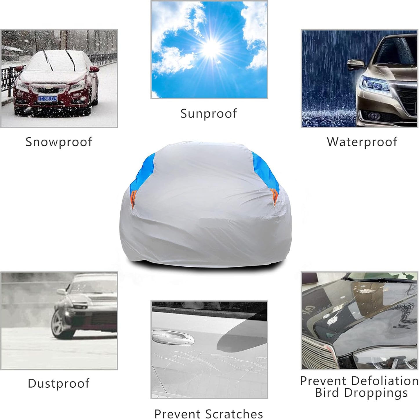 MORNYRAY Waterproof Car Cover All Weather Snowproof UV Protection Windproof Outdoor Full car Cover, Universal Fit for Sedan (Silvery, A0-Fit Sedan Length(Up to 153 inch)