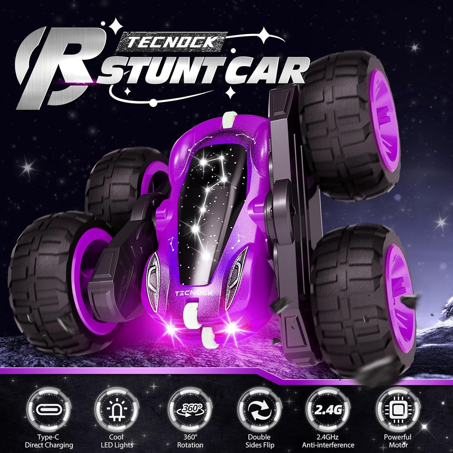 Tecnock Remote Control Car for Kids, 2.4GHz RC Cars with USB-C Easy Charging, 4WD Double Sided 360° Rotates and Flips RC Stunt Car, Toys Gift for Boys and Girls