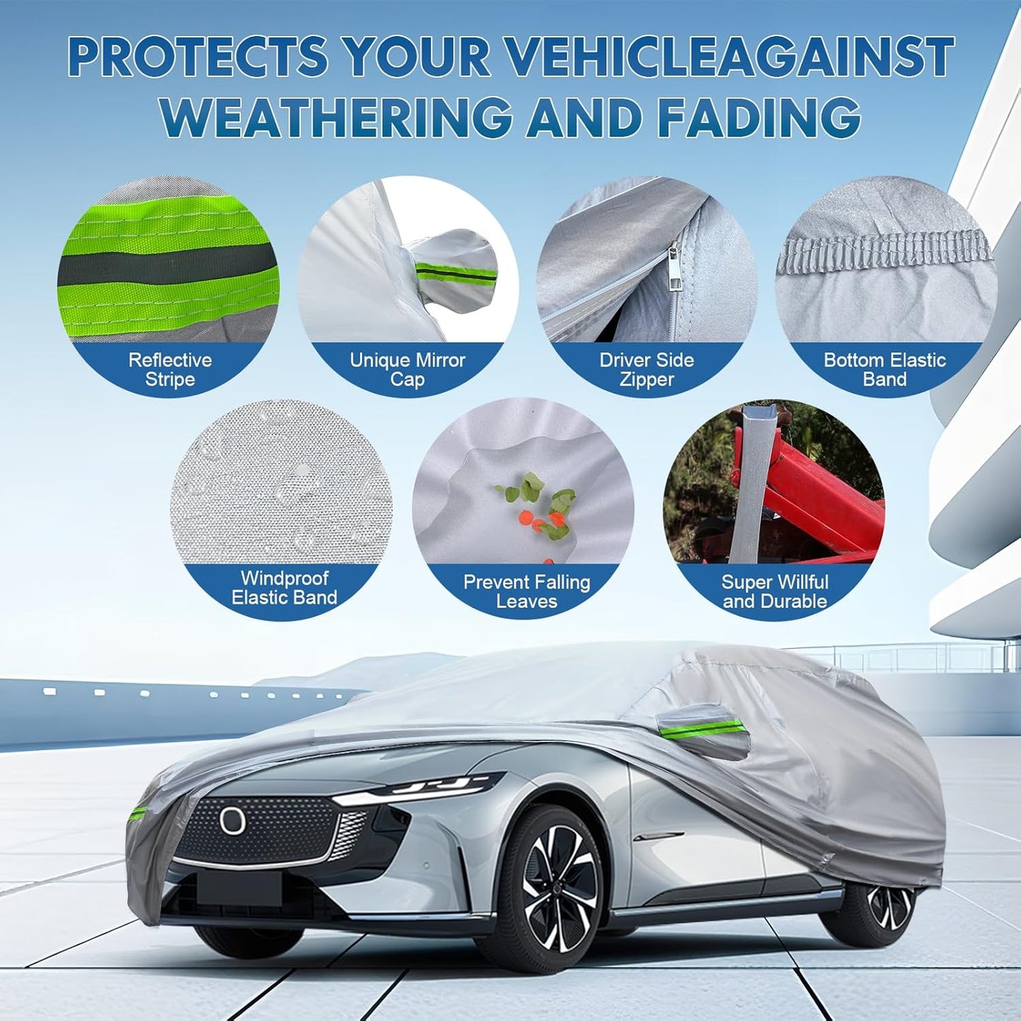 KEYOOG 6-Layer Full Car Cover is All-Weather Waterproof, Universal in All Seasons, Snow Prevention, Rainproof, Acid Rainproof, Sunscreen, Ultraviolet-Proof, Fit SUV 205"-216" Green Reflective Strip