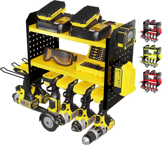 Power Tool Organizer - 6 Drill Holder Wall Mount, 3 Tier Heavy-Duty Hand Storage Rack, Utility Racks, 2 Pegboard Sides - Garage Cordless Organizer (Yellow)