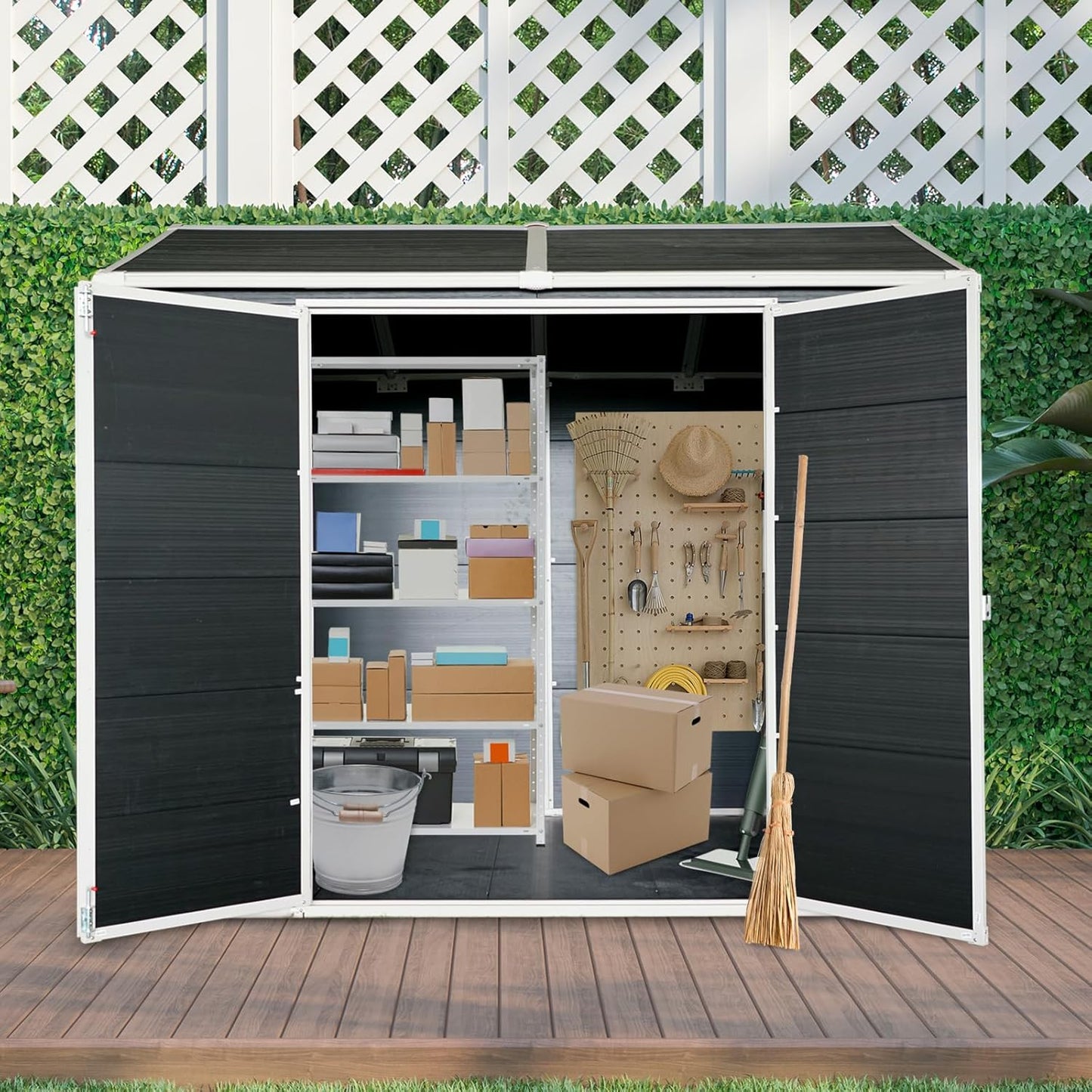 8x6 FT Outdoor Storage Resin Shed with Floor,Waterproof Plastic Garden Bike Shed with Lockable Door, Sloped Roof, Vents & Windows, Easy Assembly Tool Shed for Lawn, Backyard, Patio, Black