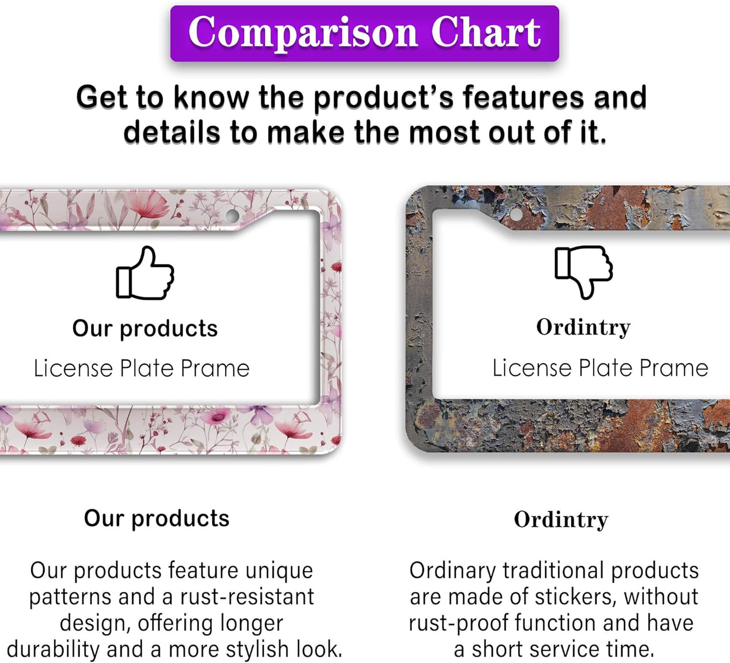 License Plate Frame Holder for Women Powder License Plate Frames for Men Pink Flower Aluminum Metal Car Accessory 2 Pack with Screw Covers Set