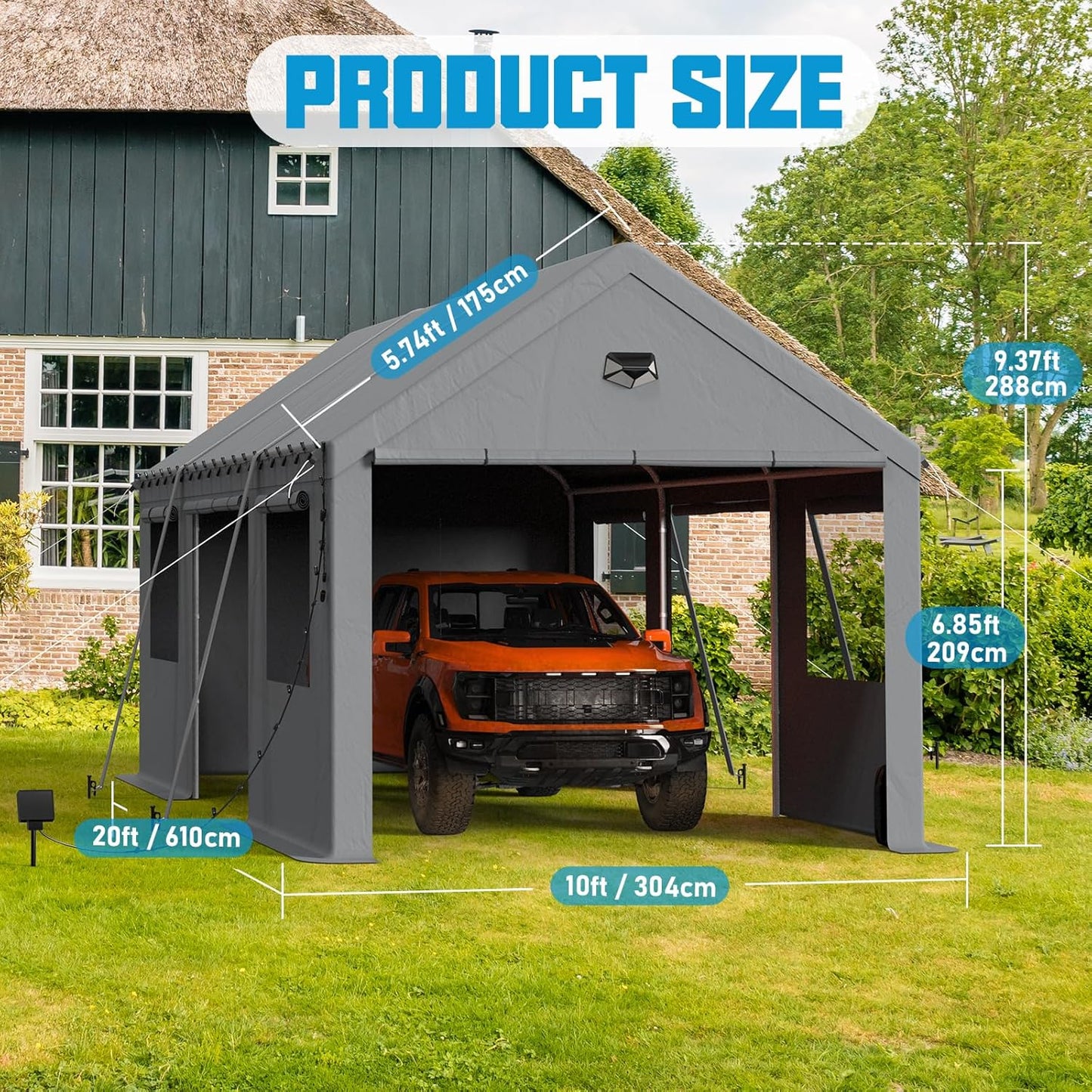 10x20 Carport, Heavy Duty Carport Canopy Garage with Removable Sidewalls and Drive Through Roll Up Zipper Doors & Side Doors, Grey