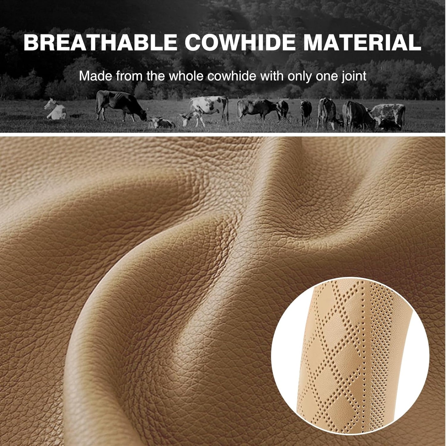 【2025 Model】 High-Grade Real Cowhide Steering Wheel Cover for Men Women，Beige Genuine Leather Steering Wheel Cover for Cars,Universal 14.5-15 inch Steering Wheels,Grid & Square Motif