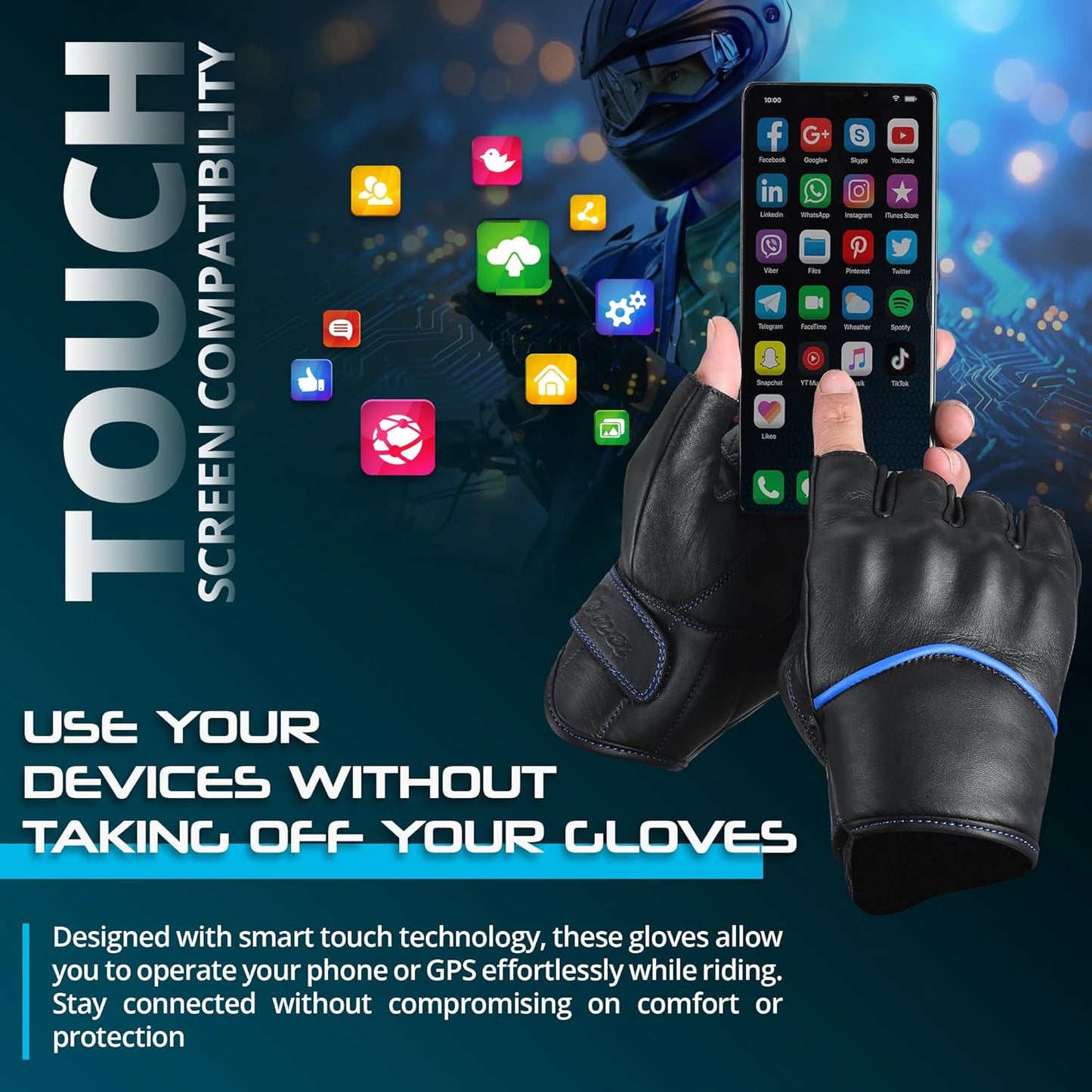 aasportx Motorcycle Gloves - Men's Leather Motorbike Gloves with Touchscreen Function - Non-Slip Pads for Men & Women