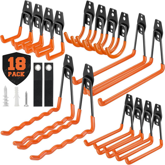Nacial 18 Pack Garage Hooks Heavy Duty, Utility Steel Garage Storage Hook with 2 Extension Cord Storage Straps, Utility Garage Wall Mount Hooks for Hanging Bike, Ladder and Garden Tools, Orange