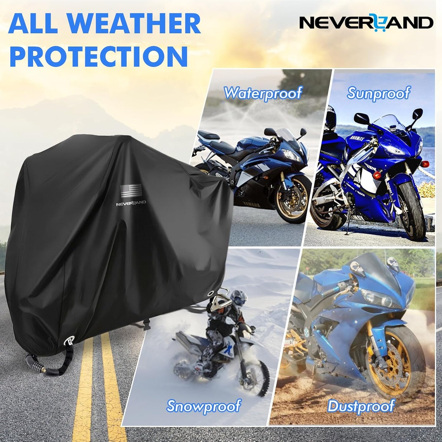 NEVERLAND Motorcycle Cover Waterproof Outdoor - Black Heavy Duty Scooter Cover, Motorbike Cover with Refletive Logo, Lock-Hole, Bandage, Storage Bag-Protect Against Dust, Debris, Rain and Weather(XXL)