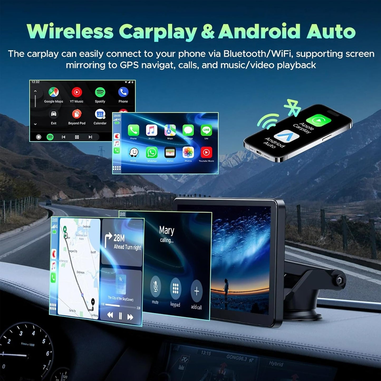 Portable Wireless CarPlay and Android Auto Screen for Car, 7" HD Touch Screen Car Stereo with Mirror Link, Bluetooth 5.0, Backup Camera, AUX,FM Transmitter for All Vehicle (with Camera)