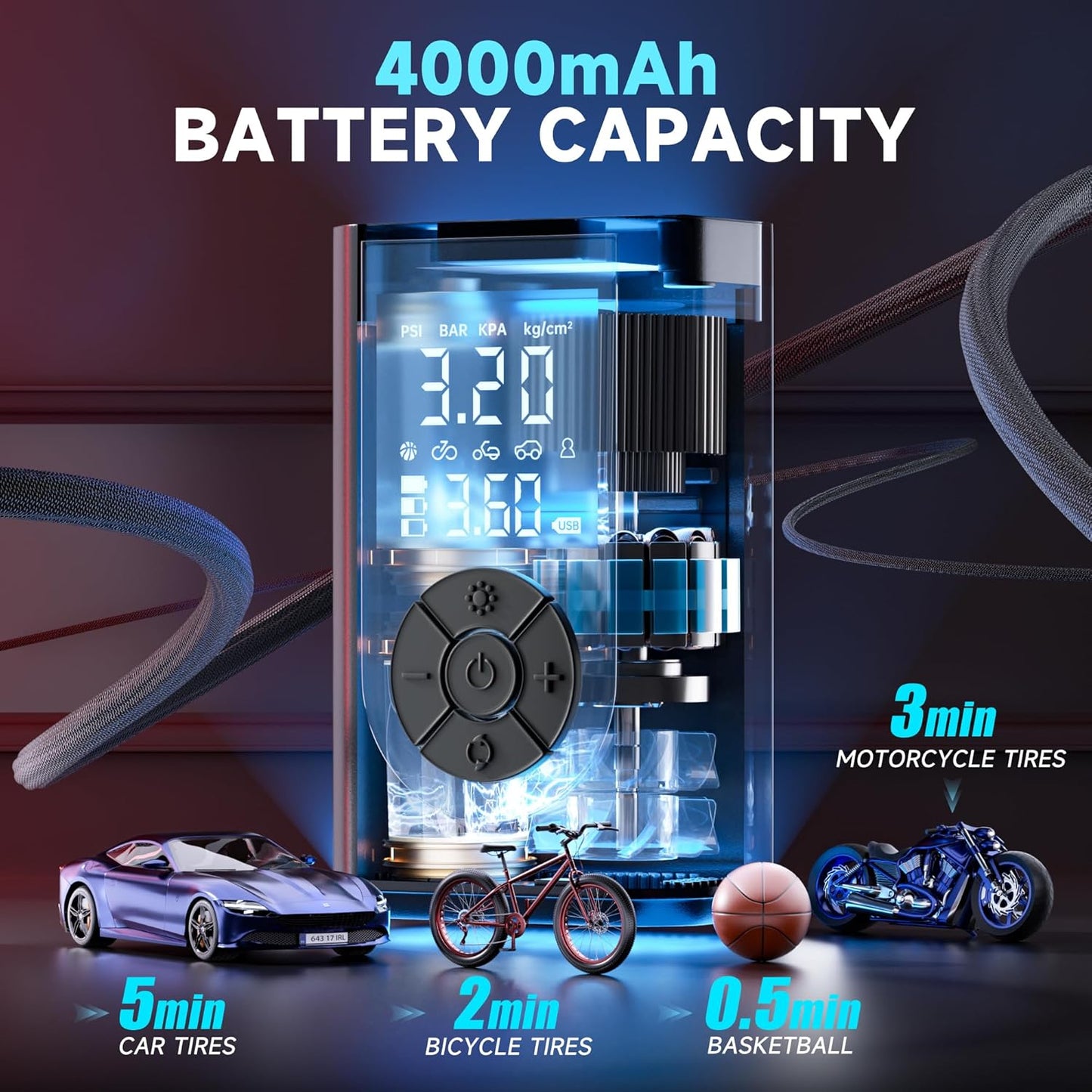 Tire Inflator Portable Air Compressor, 150 PSI Air Pump for Car Tires with Digital Pressure Gauge, LED Light and Auto Shut-Off Function, Portable Air Inflator for Car/Motorcycle/Bike/Balls and More