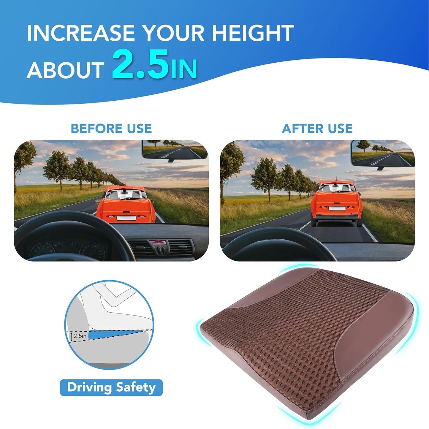 Car Seat Cushion, Comfortable Memory Foam Seat Pillow for Driving, Sciatica-Back Pain Relief, Cushion for Car-Truck, Office, Wheelchair - Brown