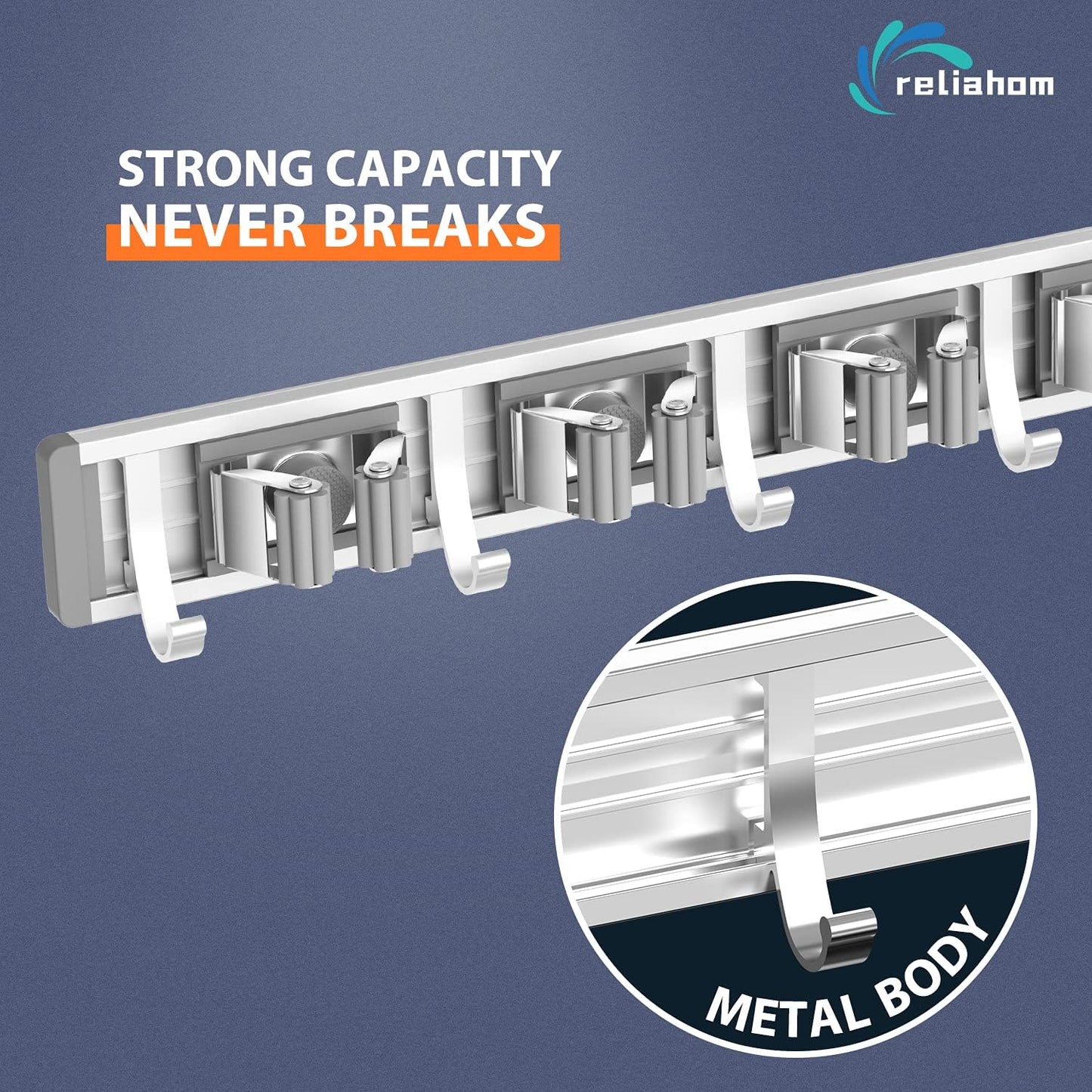 Broom Holder Wall Mount Mop and Broom Hanger Wall Mounted Garage Storage Rack Kitchen Garden Tool Organizer (4 Racks with 5 Hooks, Silver)