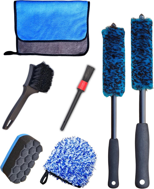 7PCS Car Wheel Rims Detail Cleaning PRO Wash Kit, Wheel Wash Mitt, Tire Brush, 2PCS Soft Woolies Wheels Brush, Detailing Brush, and Tire Dressing Pads, Microfiber Dry Towel Scratch-Free Cleaning