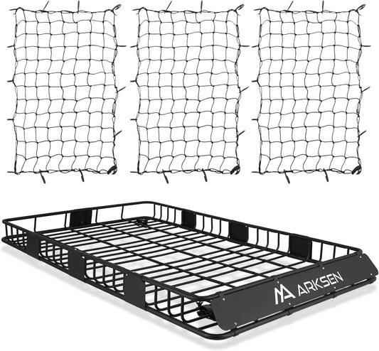 ARKSEN 84 x 50 x 6 Inch Universal Extra Wide 150LB Heavy Duty Roof Rack Cargo with Three Cargo Nets, Car Top Luggage Holder Carrier Basket for SUV, Truck, & Car Steel Construction