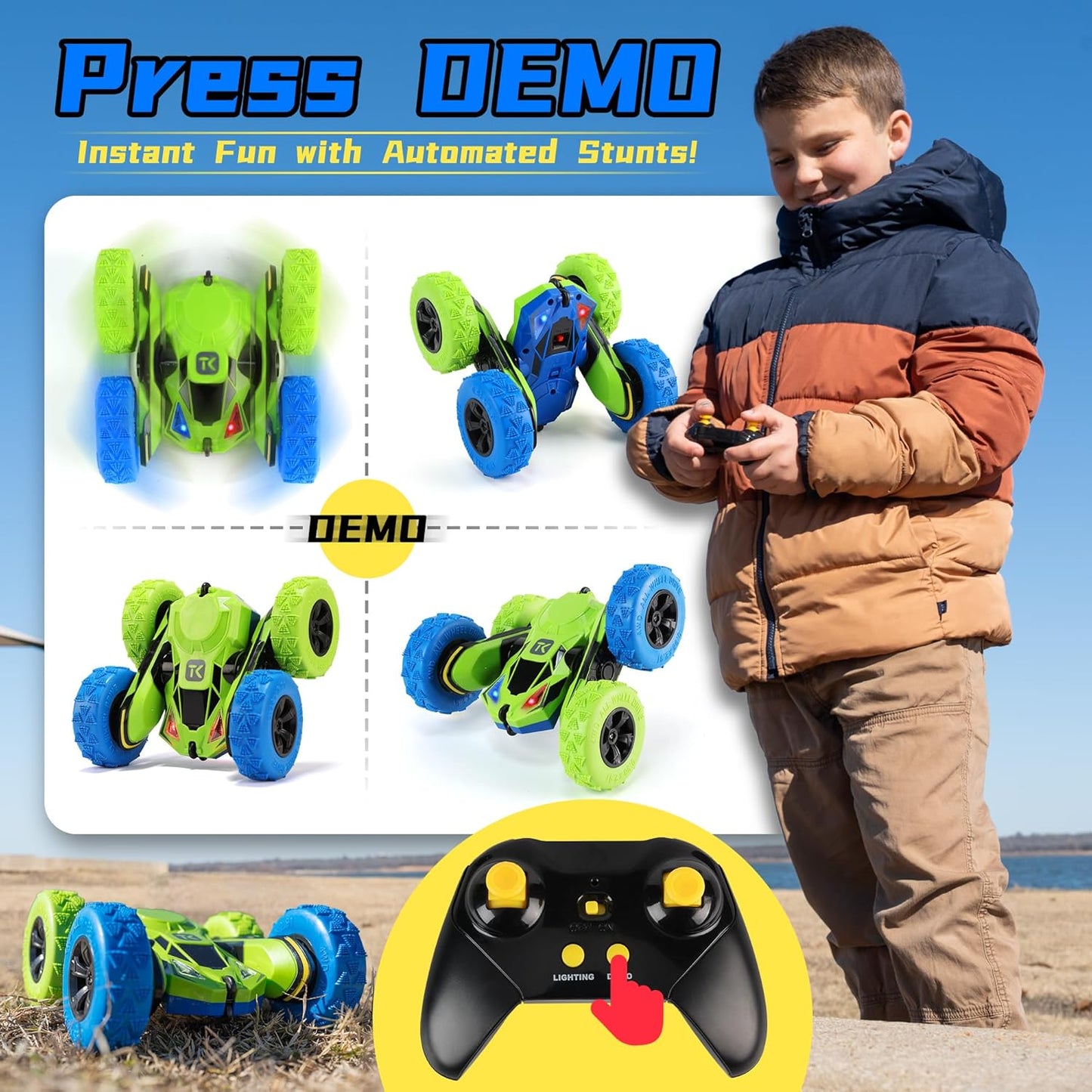 Threeking RC Stunt Car Remote Control Cars with Lights Double-Sided Driving Indoor Outdoor Toys Gifts Presents for 6 7 8 9 10 11 12 Year Old Kids Boys Girls