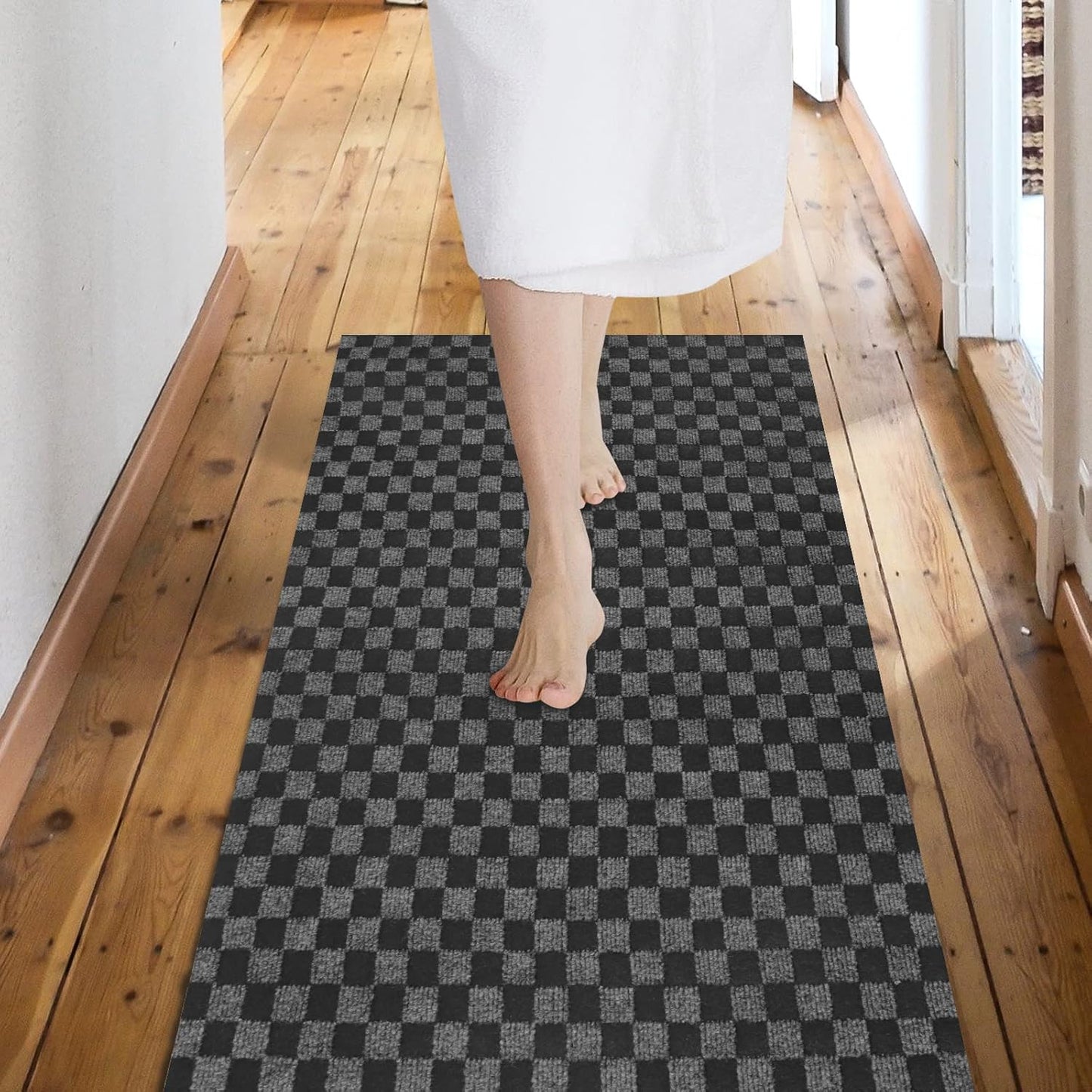 Custom Size Backed Non-Slip Area Rugs Runner, Easy Clean, Waterproof Runner Rugs for Hallway Entryway, Kitchen, Laundry, 2FT x 61FT, Gray Checkered