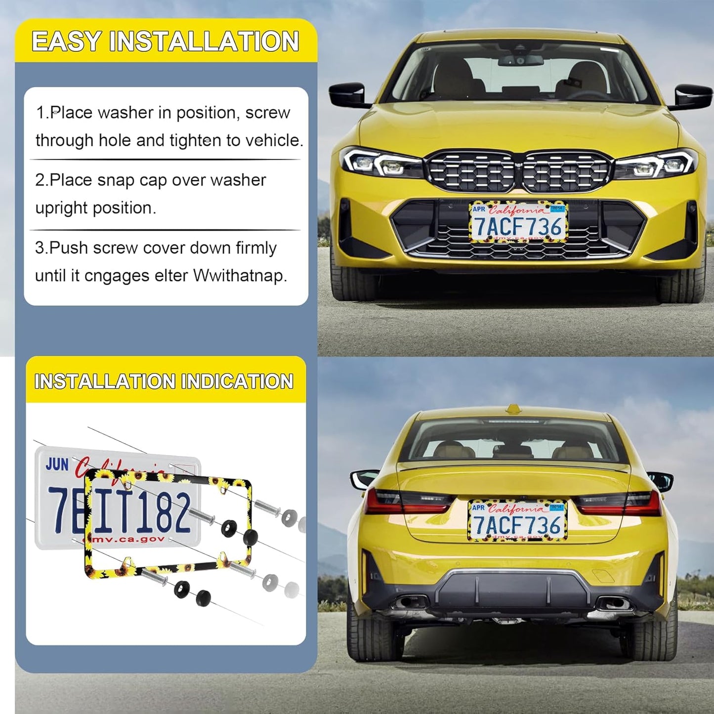 LivTee Flower License Plate Frames, 4 Holes Stainless Steel License Plate Covers, 2PCS Car License Plate Holder, Automotive Exterior Accessories, Sunflower