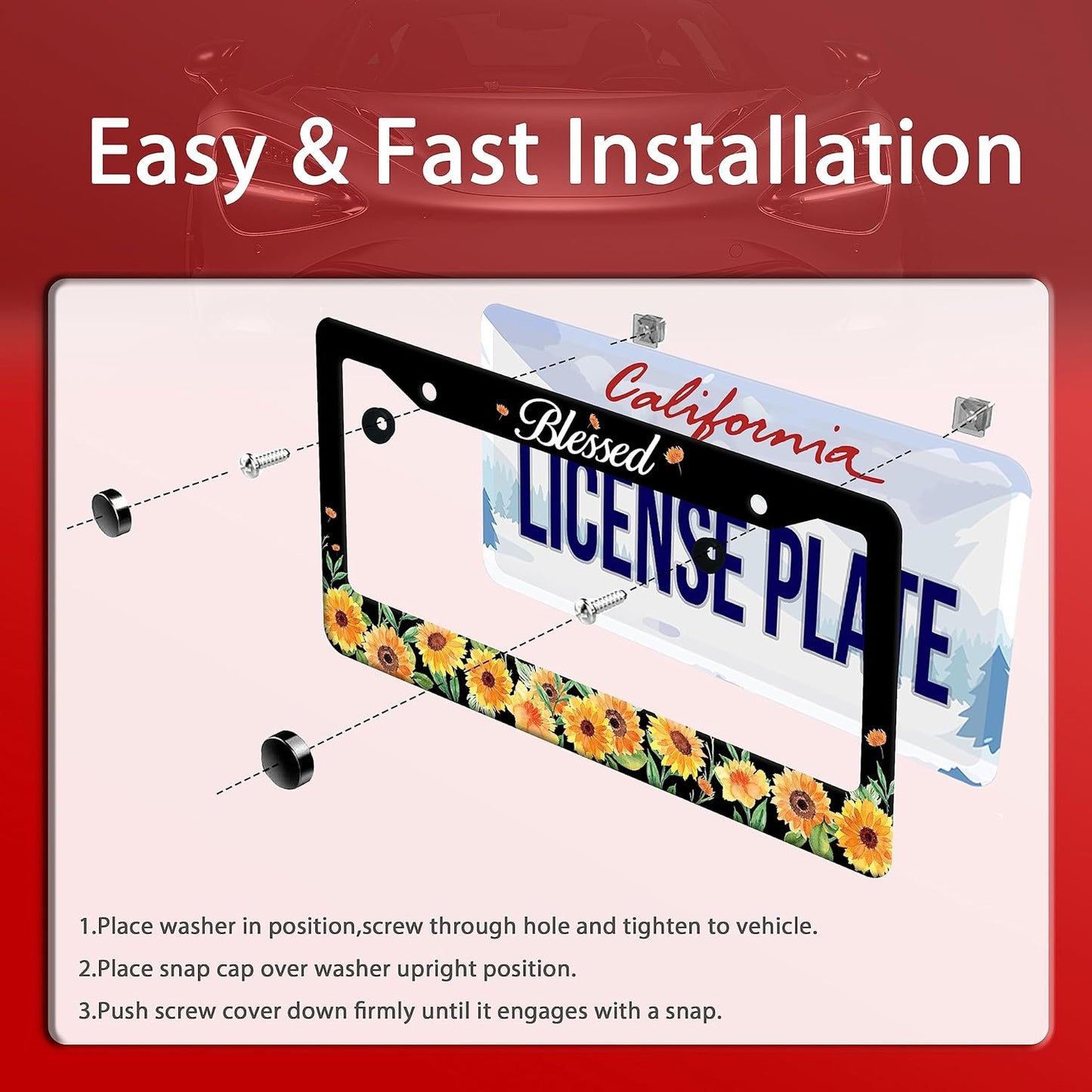 Watercolor Sunflower License Plate Beautiful Floral License Plate Stainless Steel Auto Parts Funny License Plate Decorative with Screws Size 12.3" x 6.3" for Women Men