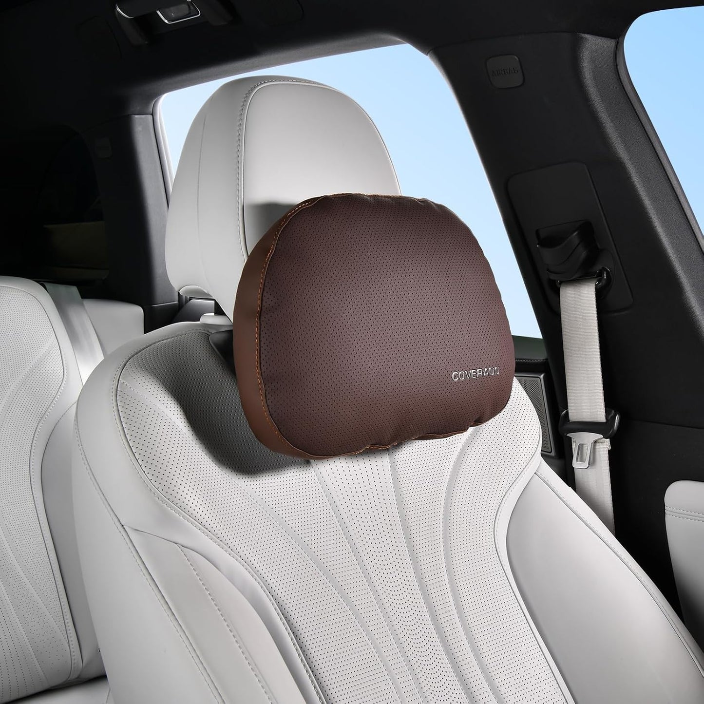 Coverado Leather Car Headrest Pillow Car Neck Pillow with Adjustable Strap, Head Support Rest Driver Relax Head Muscles Relieve Driving Fatigue, Breathable & Removable Cover, Coffee