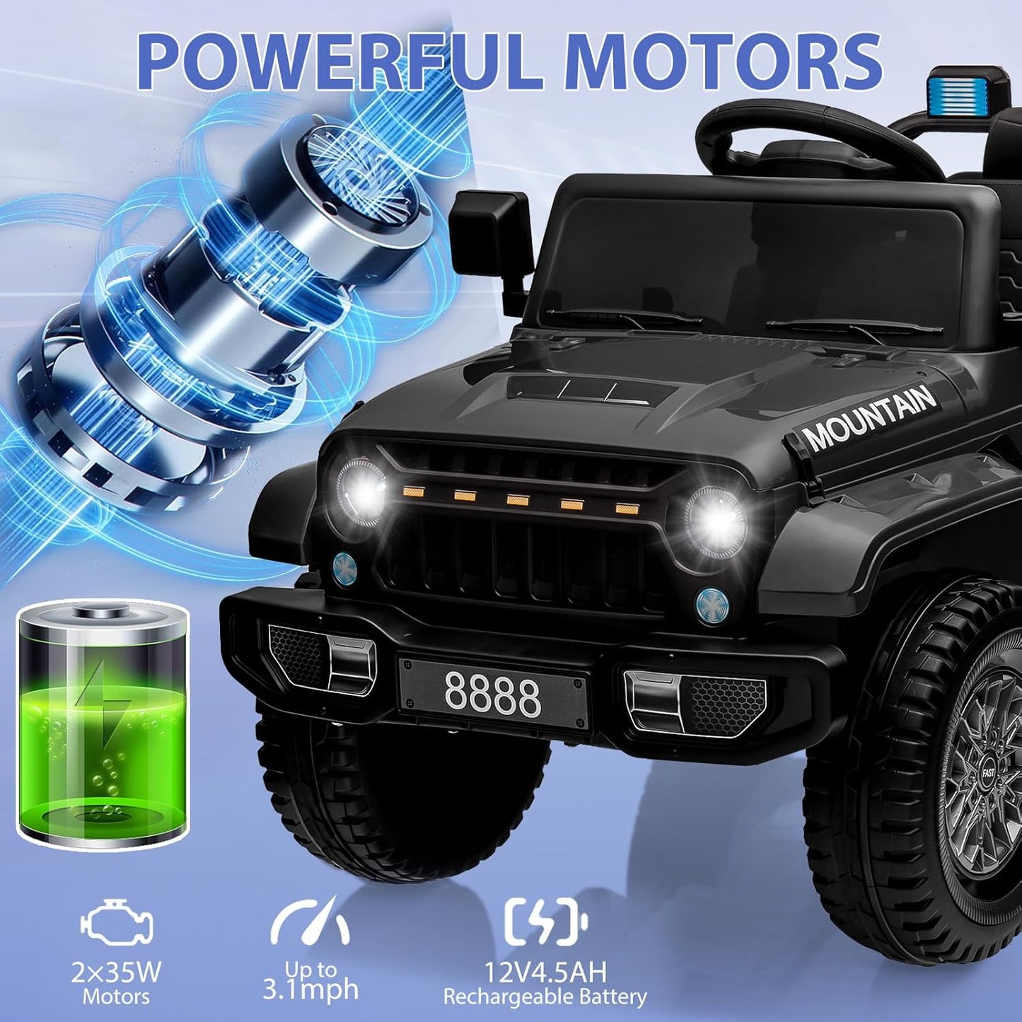 12V Kids Ride on Truck Car, 4 Wheeler Electric Vehicles with Remote Control, Spring Suspension, 3 Speeds, LED Lights, Music, MP3, Battery Powered Ride on Toy Gift for Boys Girls, Black