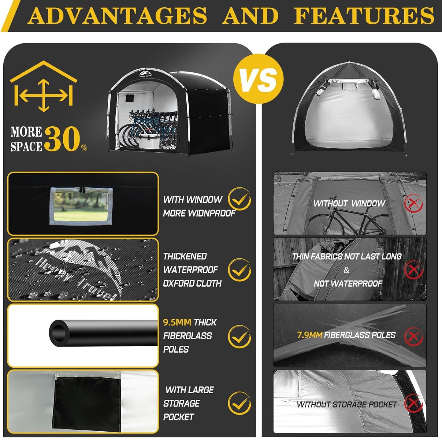 Happy Travel Bike Storage Shed Tent,Outdoor Portable Bicycle Storage Sheds with 210D Oxford Fabric PU4000 Waterproof for 2/3/4/6/8 Bikes,Bike Covers Shelter for Motorcycle,Garden Tools,Toys,Lawn Mower