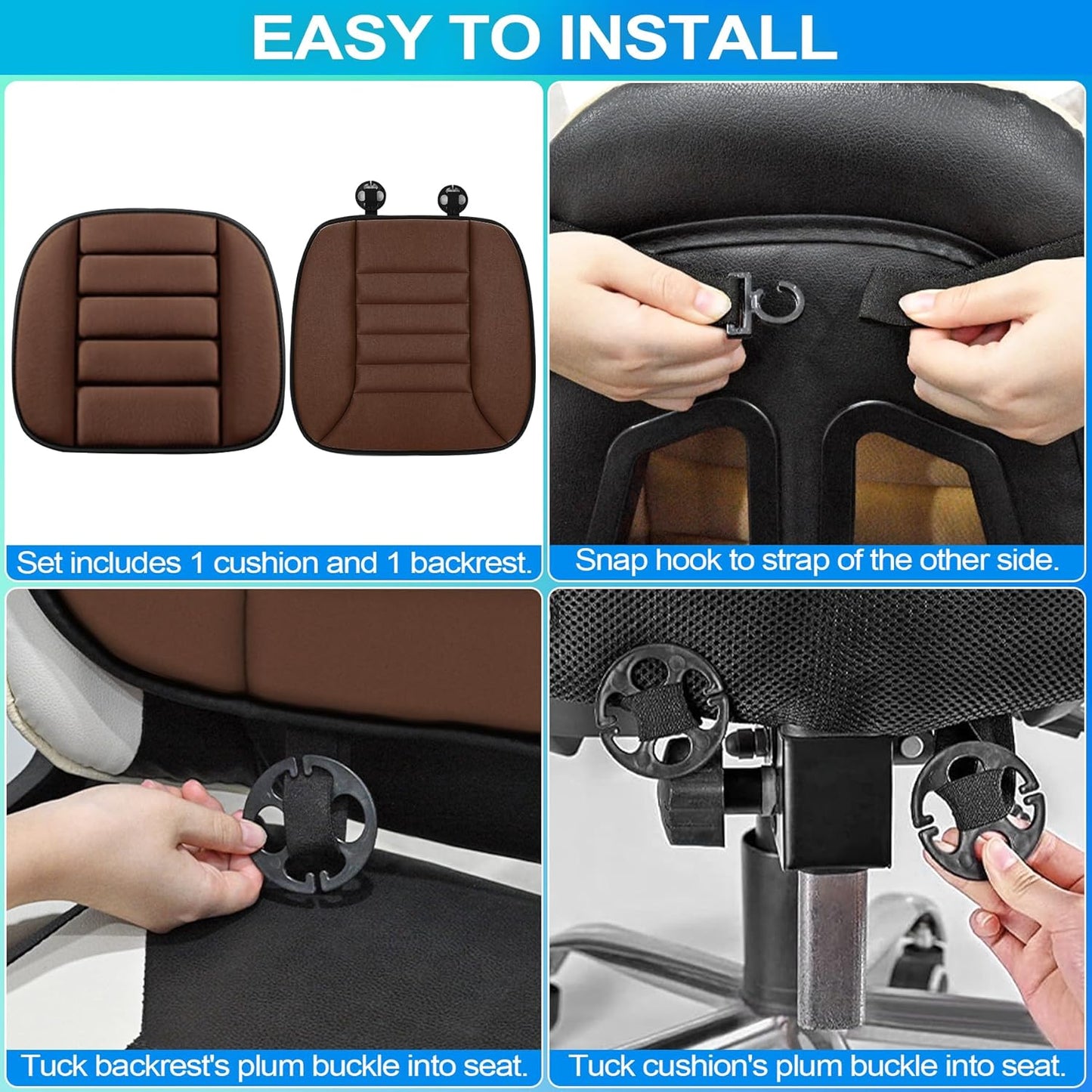 MYFAMIREA Car Seat Cushion and Lumbar Support Pillow 1.2'' Thick Memory Foam Desk Chair Cushion Back Support for Automotive Seat Driver, Travel, Leg and Back Pain Relief, Washable, Adjustable, Coffee