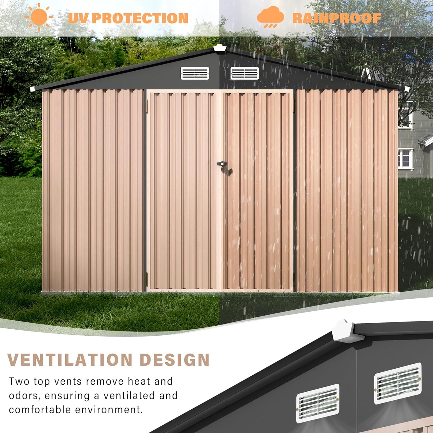 10X12FT Outdoor Metal Storage Shed, Lockable Weatherproof Garden Shed for Tools & Equipment, Durable Galvanized Steel with Sloping Roof & Ventilation, Ideal for Backyard, Patio & Garage Storage, Brown